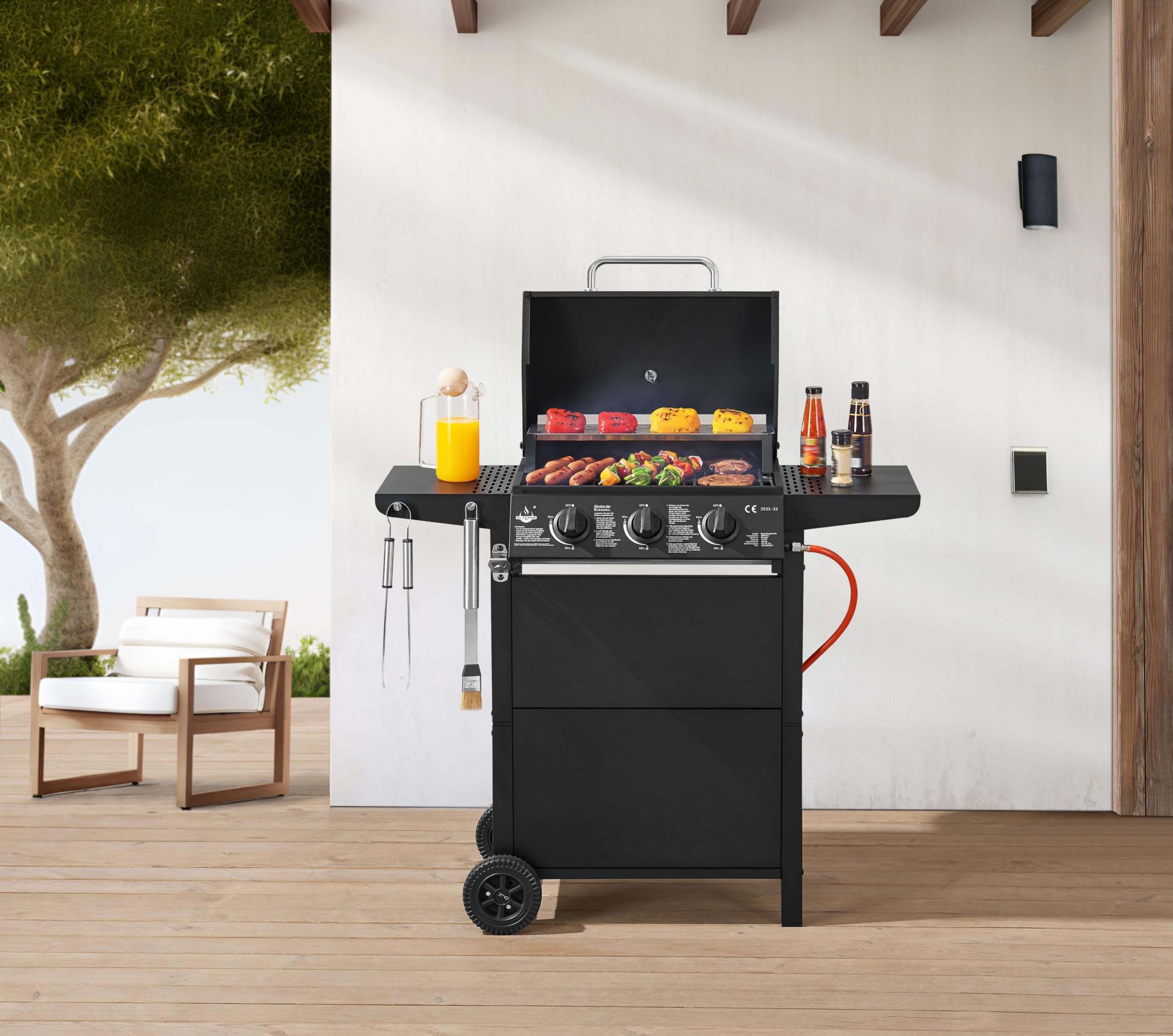 Grill gazowy "San Jose 3 palniki" firmy El Fuego®, w zestawie wąż gazowy i reduktor ciśnienia, ruszt do grillowania z żeliwa, z termometrem i dużymi półkami bocznymi, grill BBQ | AY0205
