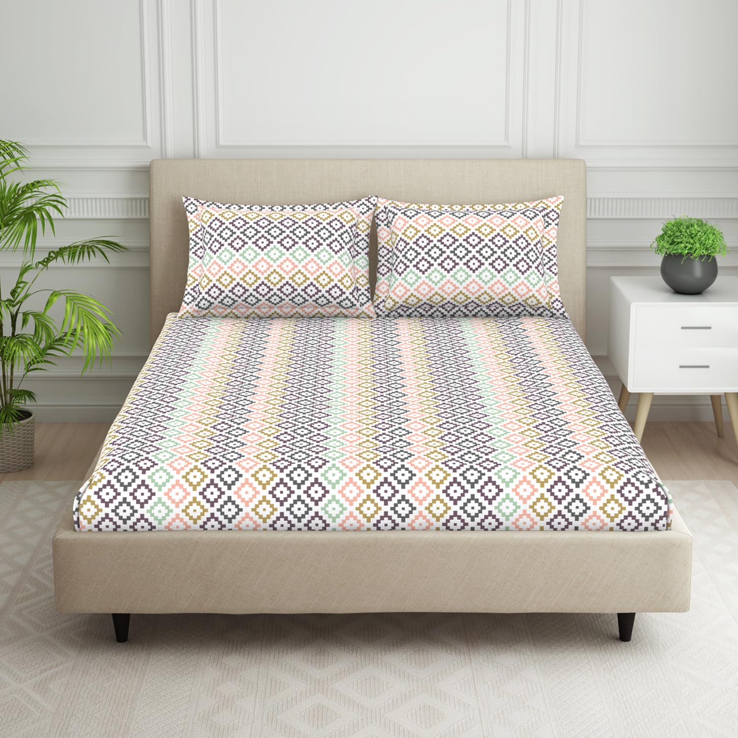 Welspun 120 TC Polycotton Bedsheet for Double Bed with 2 Pillow Cover | Super Soft King Size Bedsheet | (108 X 108 Inch) - Geometric Pink (B0DF7BP23J) Amazon Price History, Amazon Price Tracker