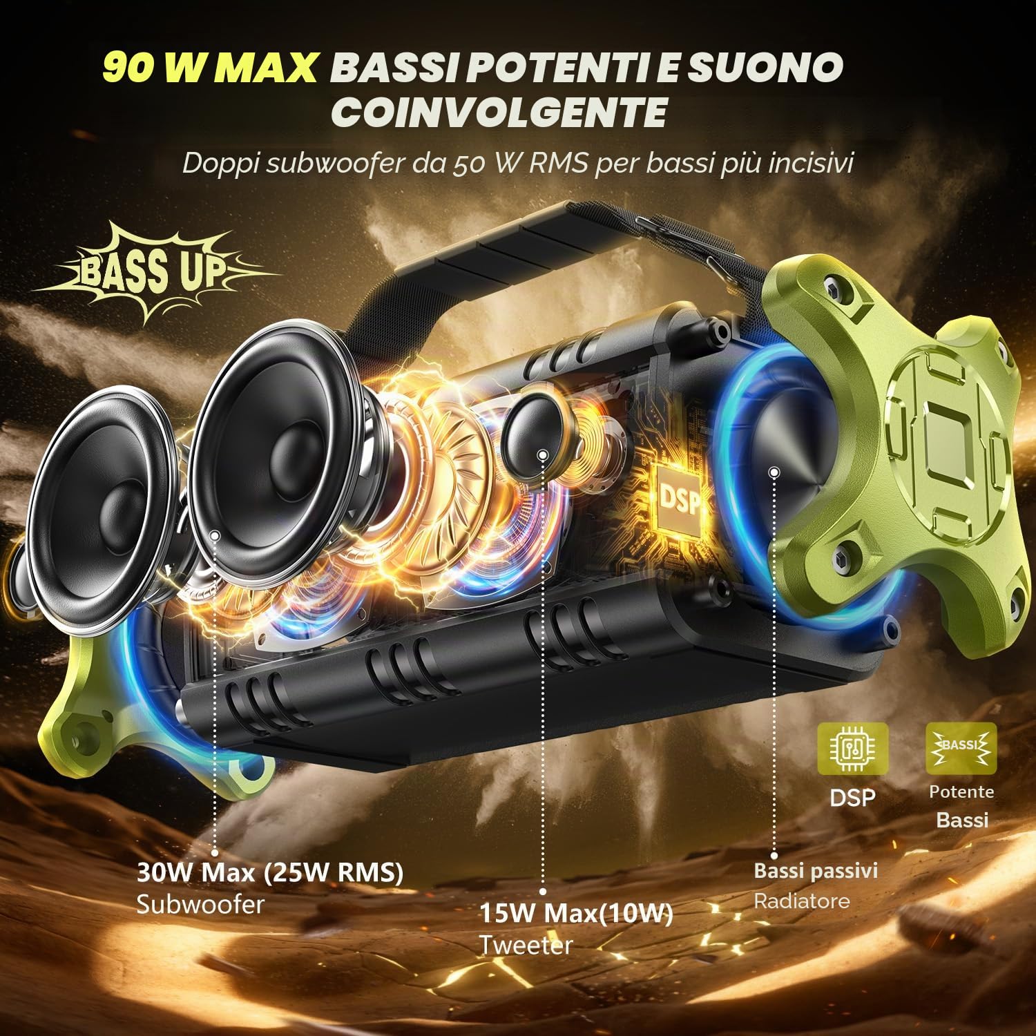 W-KING 90W PICCO Cassa Bluetooth Potente, Portatile Altoparlante Bluetooth Boombox, IPX6 Impermeabile Speaker, 50W Bassi Ricchi, HiFi Stereo Audio, 40 Ore,Powerbank,EQ,NFC,TF,AUX Campeggio Spiaggia