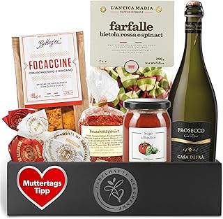 Geschenkkorb gefüllt mit italienischen Spezialitäten - Präsentkorb gefüllt mit Prosecco DOC, Pasta, Sugo, Focaccine | Delikatessen Geschenkset für Männer & Frauen zu Geburtstag, Hochzeit, Weihnachten