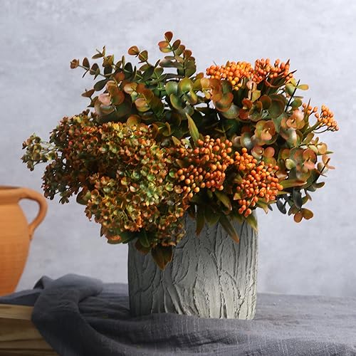 Miniatura 3 de Flores artificiales de otoño para mamás al aire libre, 6 paquetes de plantas falsas que no se decoloran, arbustos verdes de plástico sintético para