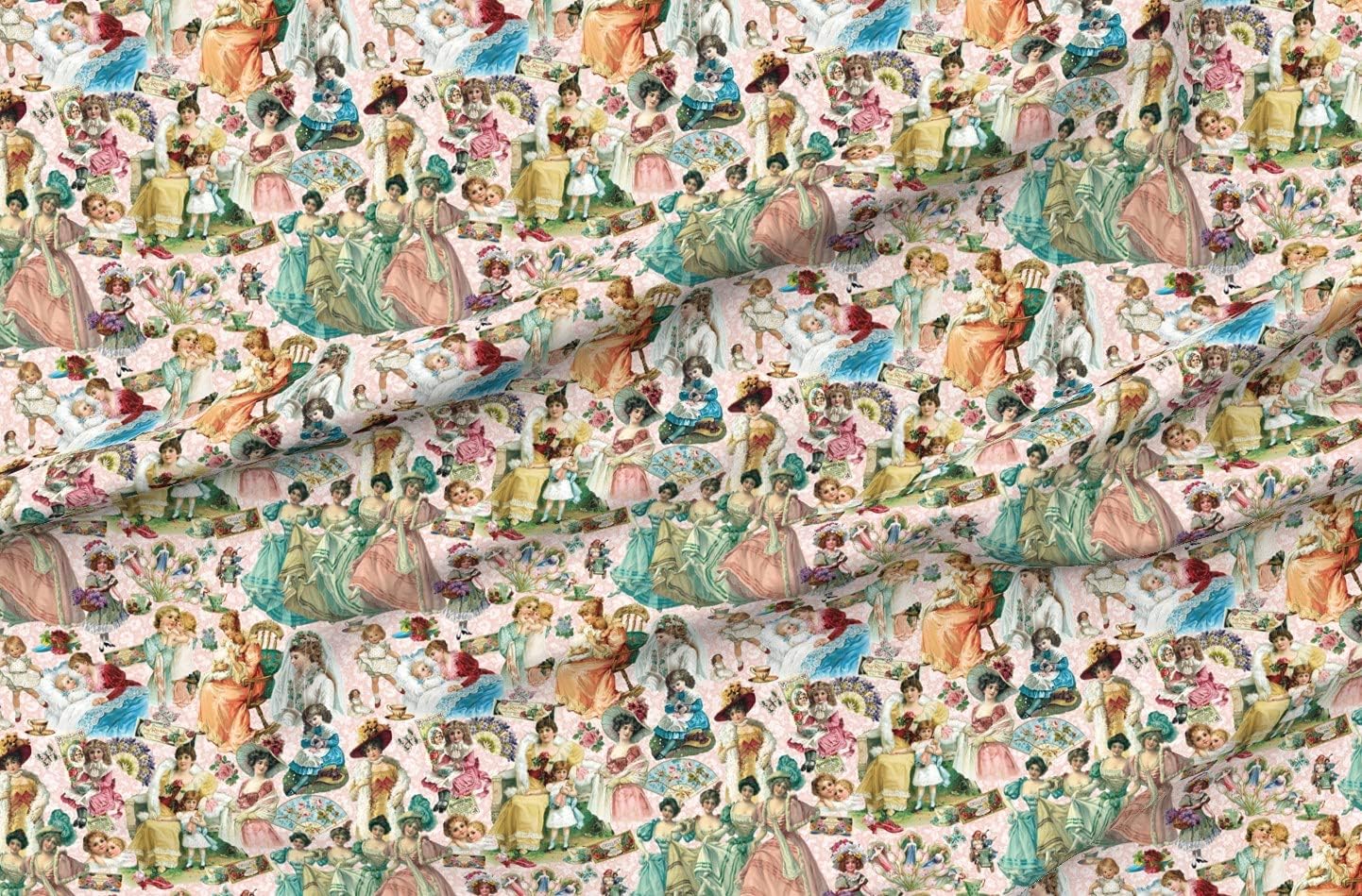 Spoonflower Fabric - Vintage Children Tea Cups Dance Printed on Organic Cotton Sateen Fabric by The Yard - Sewing Quilting Apparel Home Decor