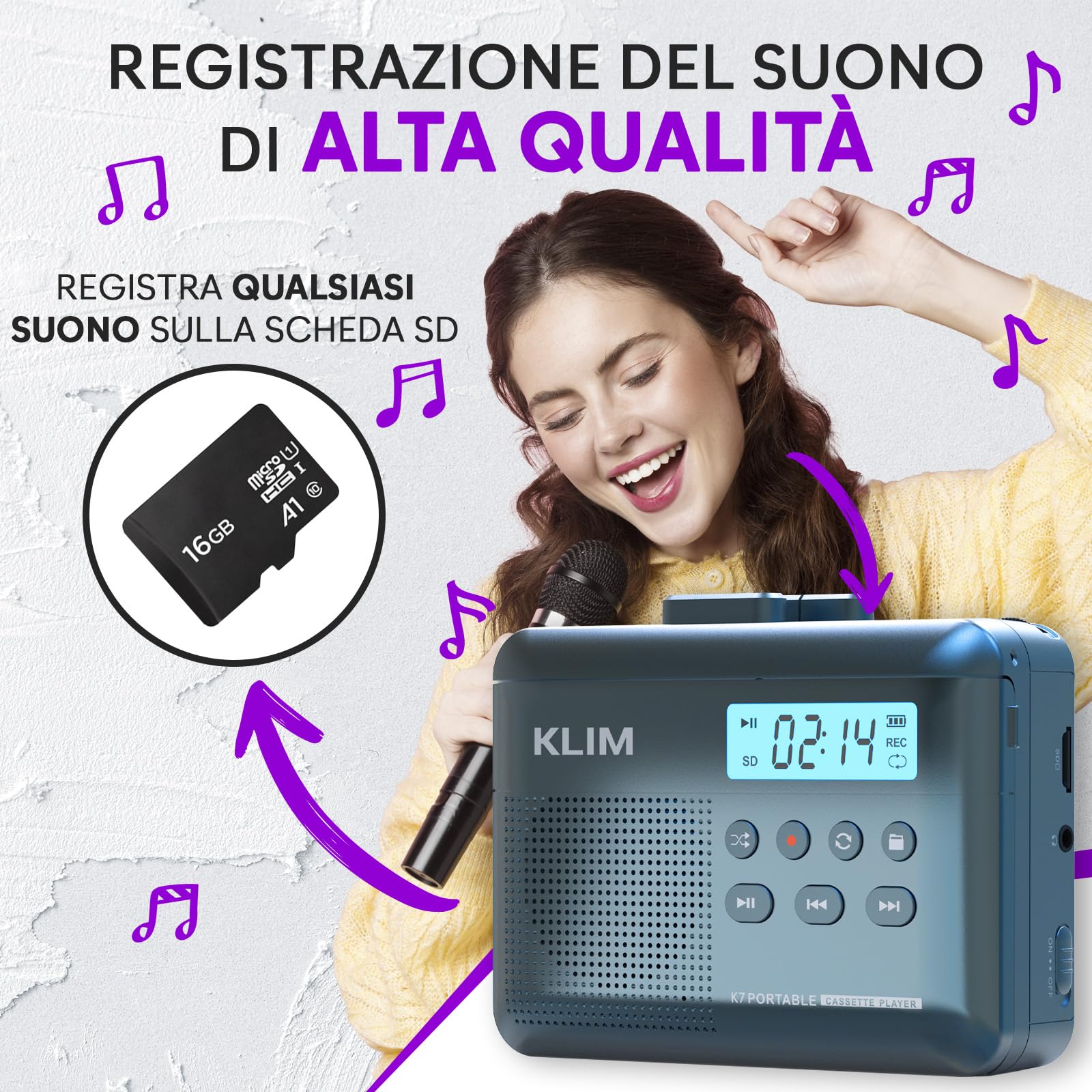 K7 Cassette Player - Convertitore Cassette MP3 - Lettore Cassette Audio Portatile - Microfono e Altoparlante Incorporati - Batteria Ricaricabile - Auricolari - Scheda SD da 16 GB - Blu