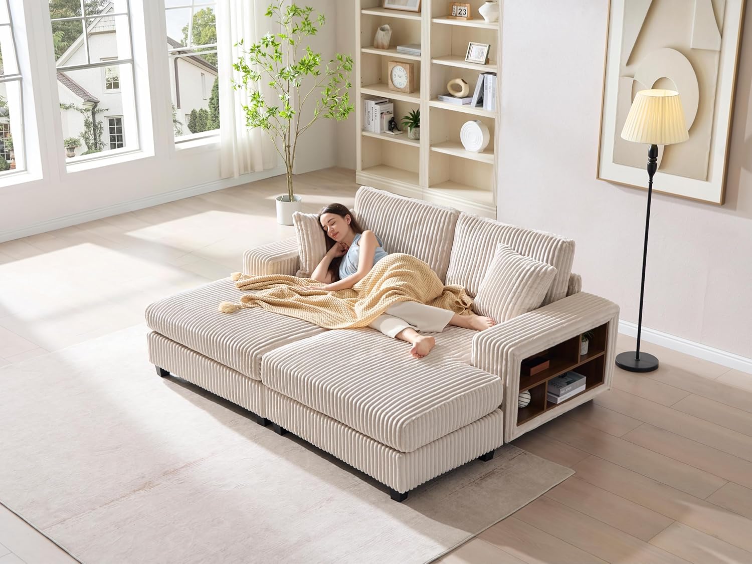 59.06" Modular Sectional Loveseat, 2-Piece Deep Seat Corduroy Lounge Sofa, Small Loveseat Couch for Living Room, Bedroom, Apartment,Beige