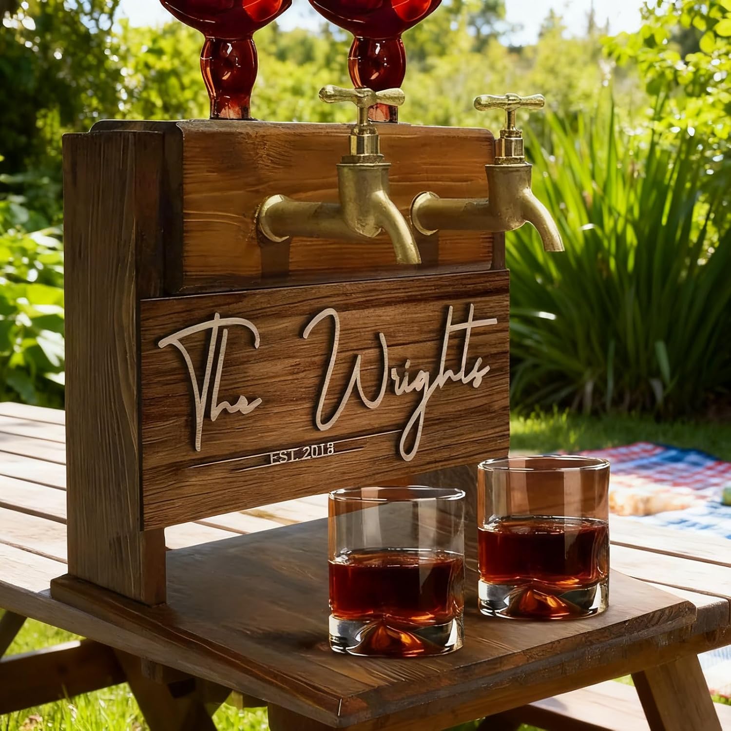 Custom Whiskey Dispenser for Home Bar Personalized Liquor Decanter Set with Est Year Engraved Wooden Alcohol Drink Dispenser for Men Husband Boyfriend Christmas Anniversary Birthday Bar Accessories