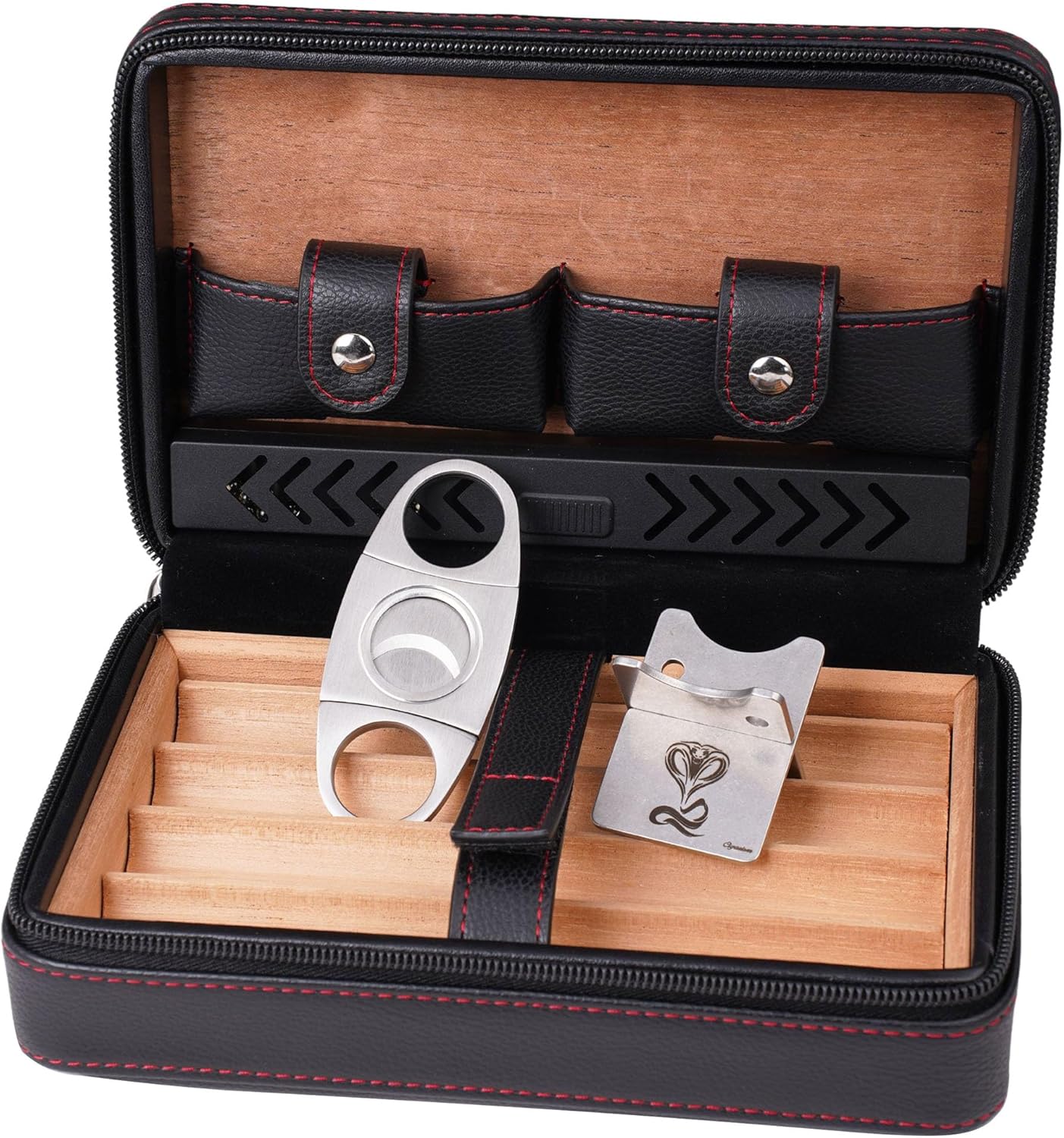 Black PU Leather Cedar Lined Cigar Travel Case Bag Cigar Humidor W/Cutter and Rest Black Leather
