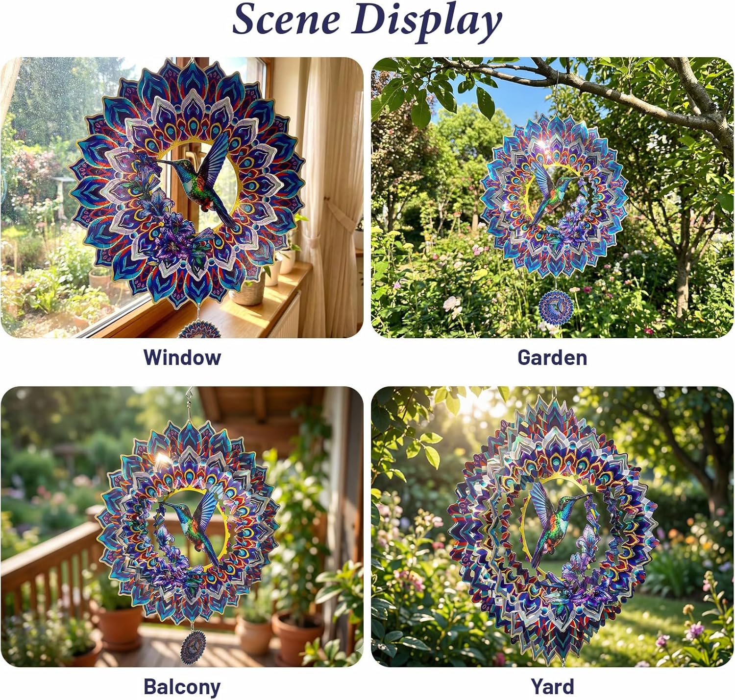 Hummingbird Mandala Wind Spinner, IDEA SHOW 10In 3D Kinetic Metal Wind Spinners, Hummingbird Gift for Women, Mom, Garden & Yard Decor Outdoor/Indoor Decoration, Dynamic Art Hanging Sculpture (10In)
