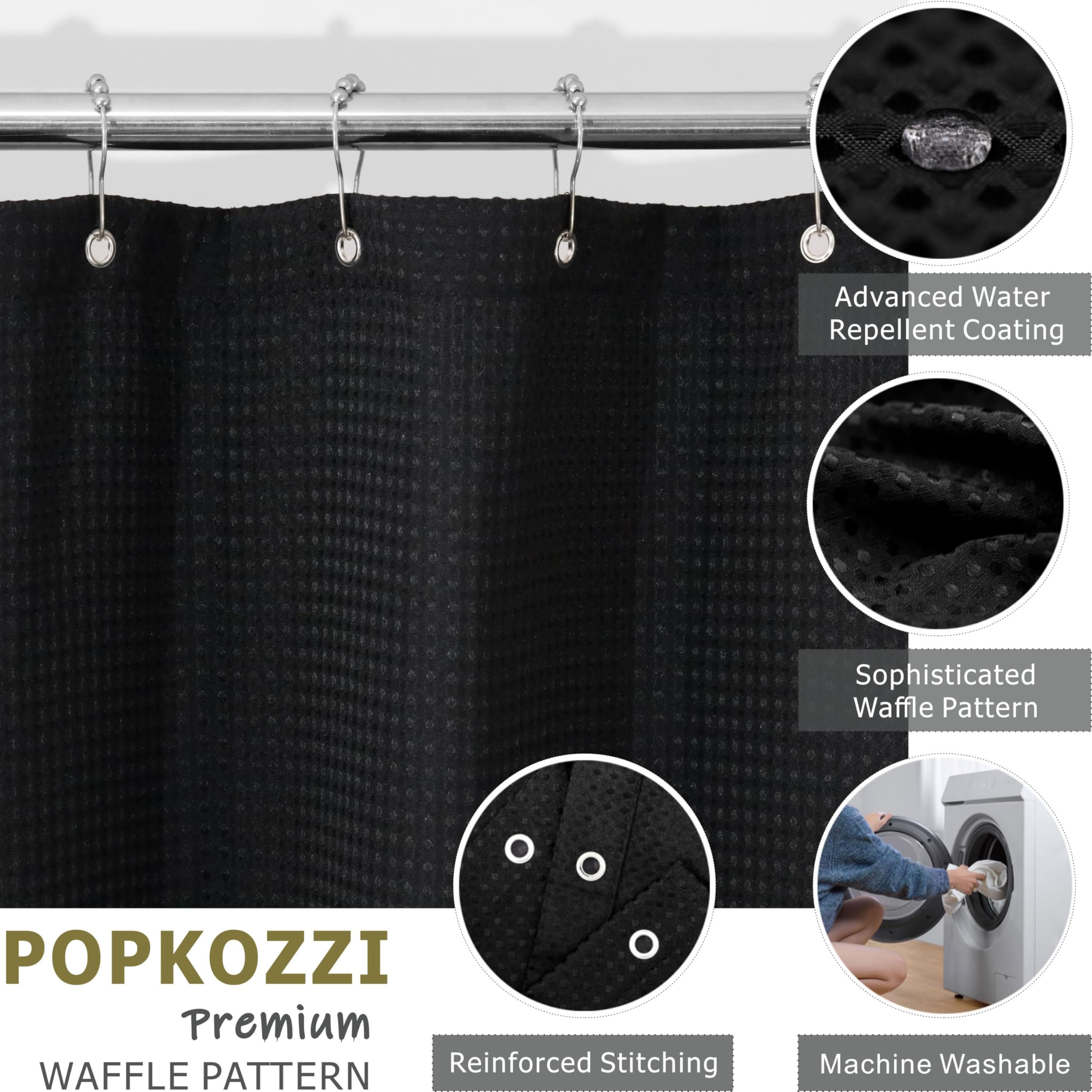 Popkozzi Black Waffle Weave Shower Curtain: Heavy Duty Textured Fabric Shower Curtain for Bathroom - Image 2