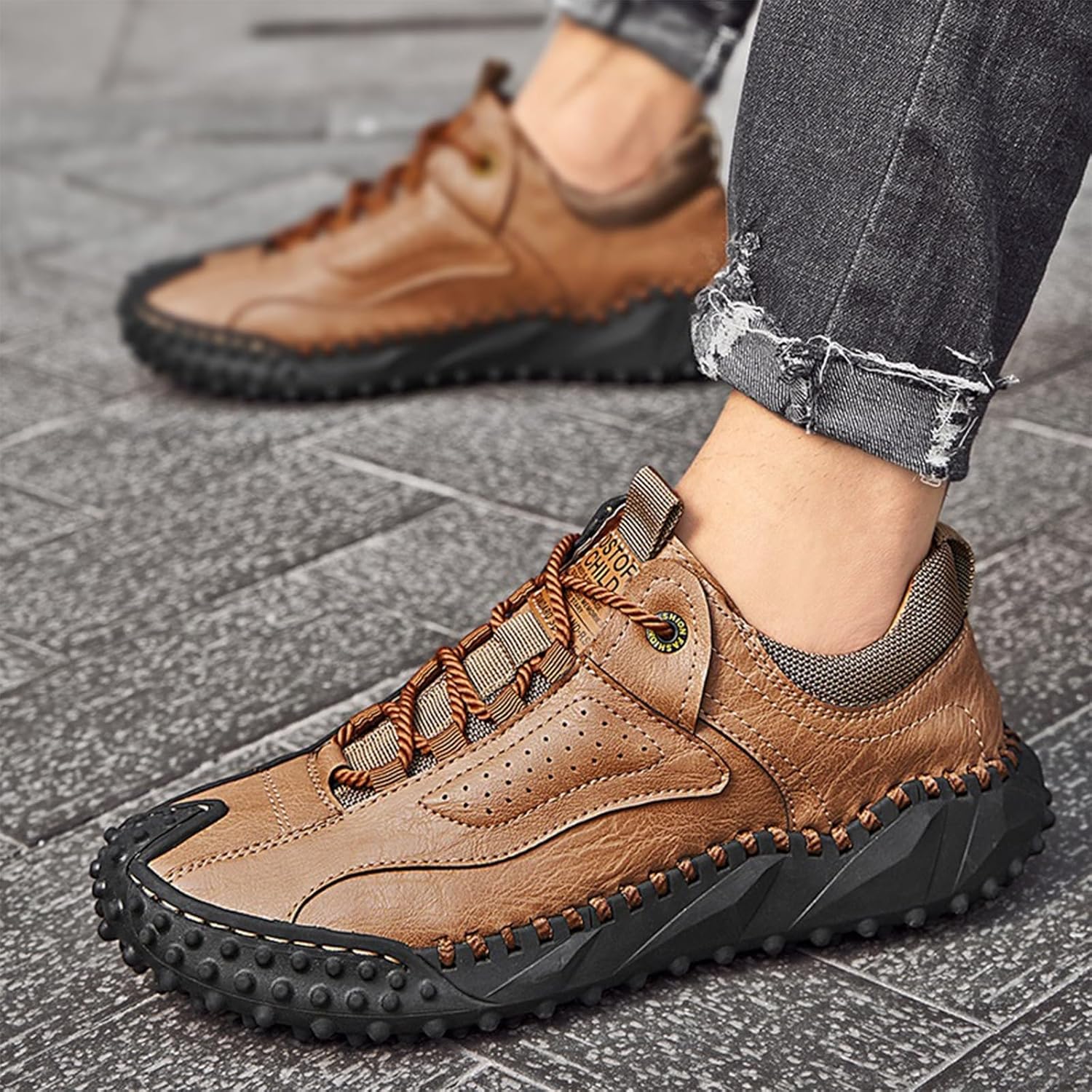 Men’s Vintage Leather Hiking Shoes – Hand-Sewn Lightweight Boots with Wide Toe Design, Waterproof Breathable & Non-Slip Boots for Driving & Walking(Khaki,US 11)