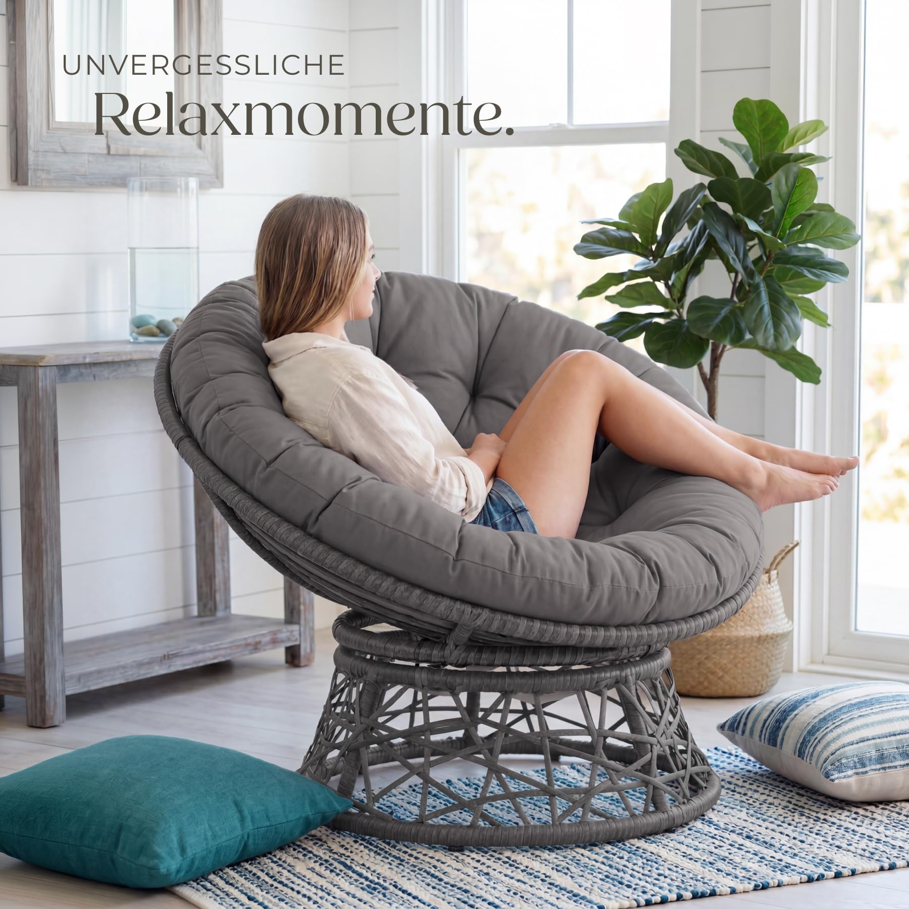 tectake® Papasansessel, gemütlicher Drehsessel mit Kissen rund, bequemer Rattansessel, Loungesessel drehbar, runder Relax Korbsessel Rattan für Wohnzimmer, Leseecke, Lounge - grau