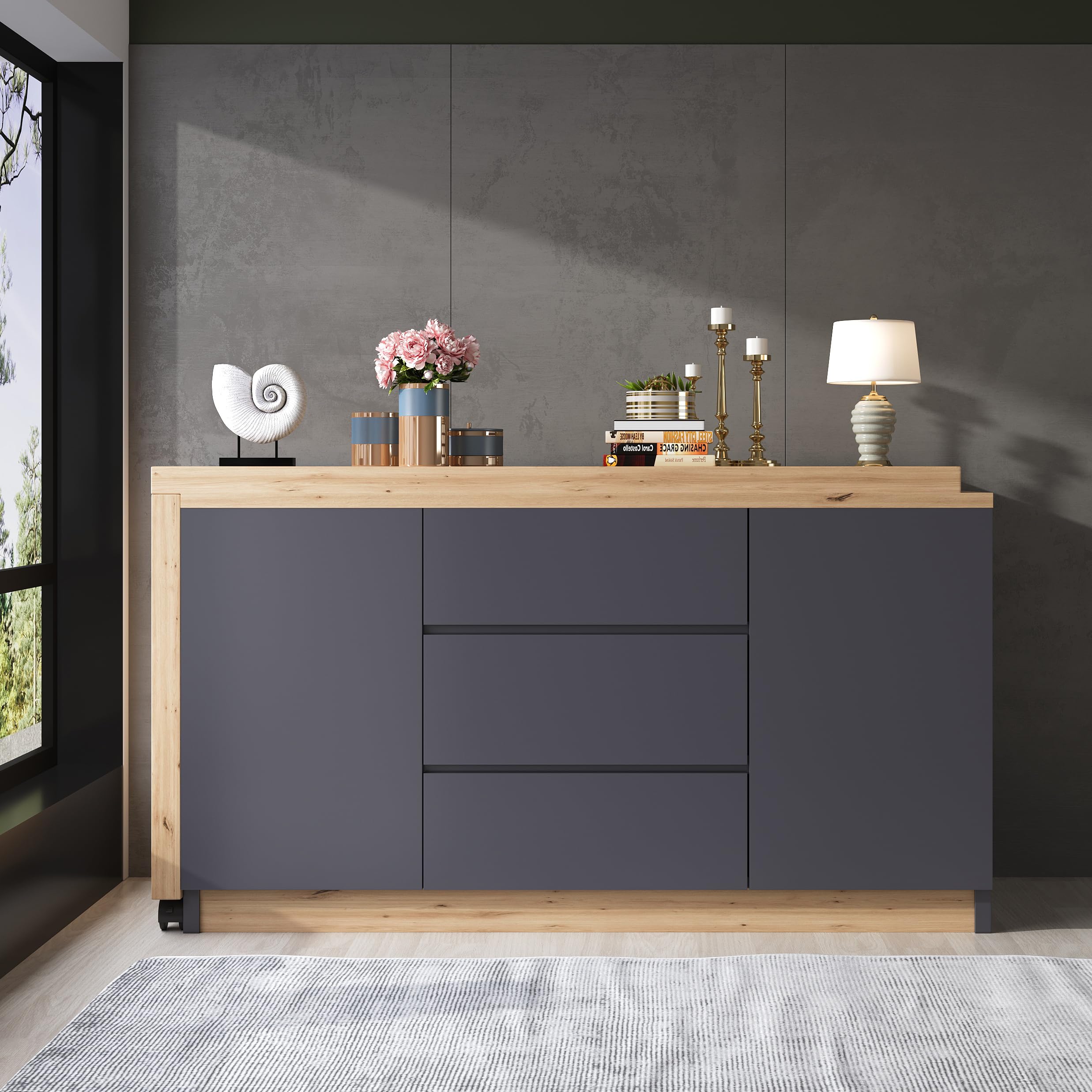 Scrivania con ruote bloccabili, design multifunzionale, 4 cm di spessore, piano girevole bloccabile, scrivania pieghevole, scrivania angolare, credenza (grigio + rovere)