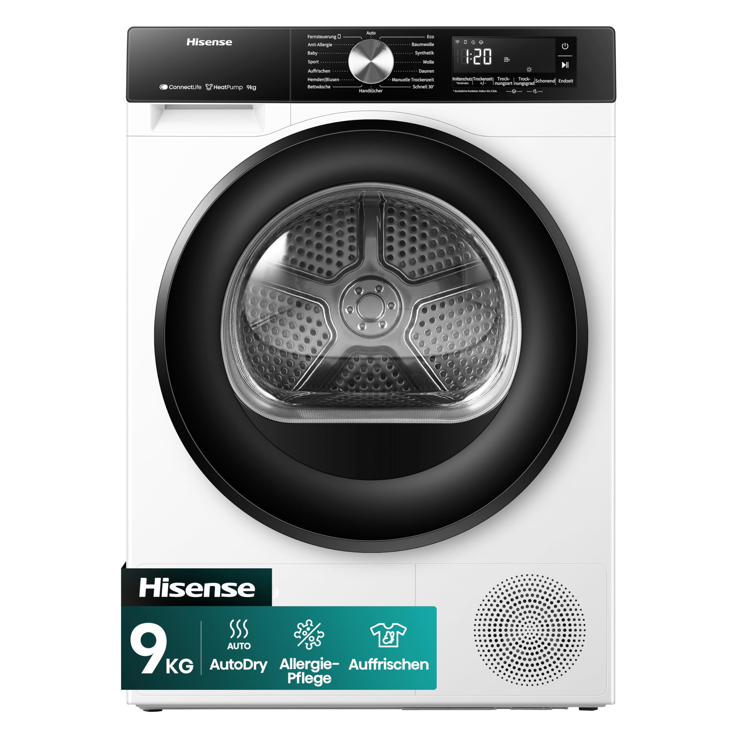 Hisense DH3S902BWCC Kondenstrockner mit Wärmepumpe / 9KG / 16 Programme/ConnectLife/Autodry/QuickDry/Allergie-Pflege/Auffrischen/TwinAir/DelayEnd/Feuchtesensor/EEK: C/Weiß