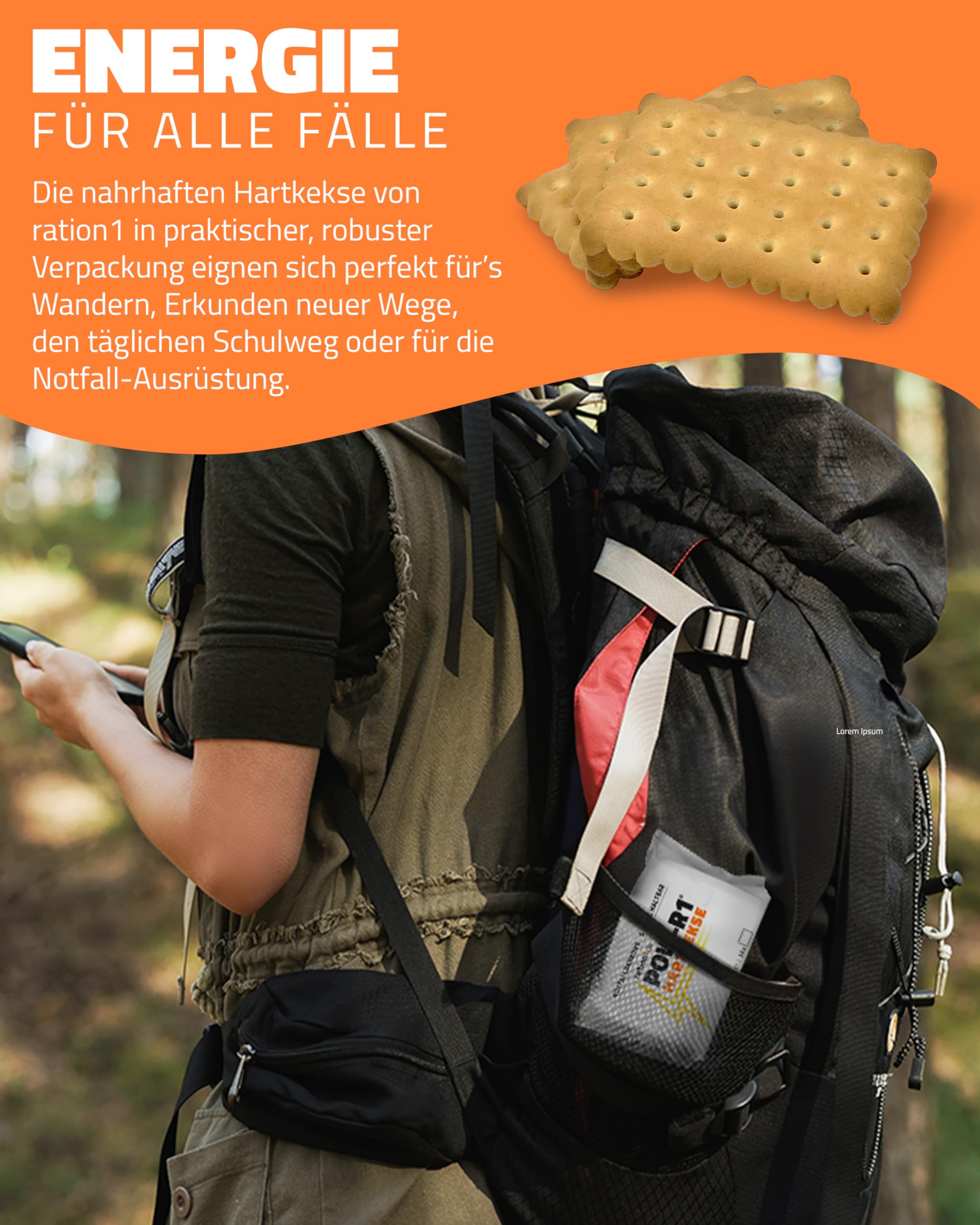 ration1 POW-R1 Hartkekse, 60er Pack, 60 x 155g, Butterkeks Geschmack | Abgepackte Kekse, 14 Plätzchen je Packung, Panzerkekse, Butterkeks-Geschmack, für Outdoor, Camping, Festival und Notfall
