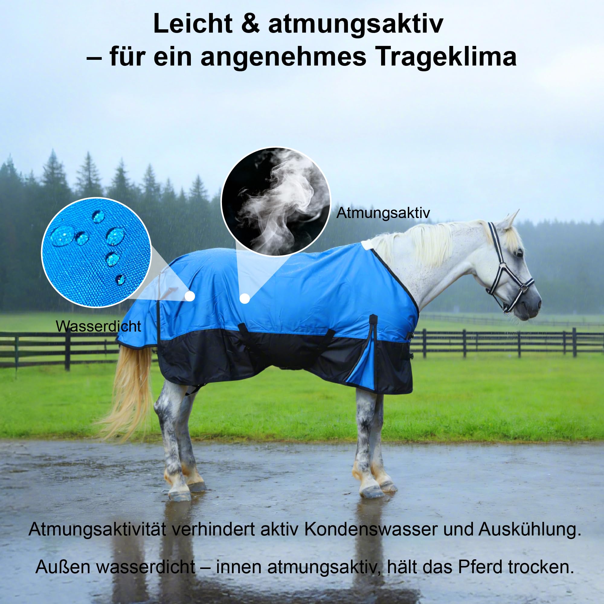 Regendecke Pferd Reißfest – Wasserdicht, Atmungsaktiv & Ohne Füllung (0g), Leichte & Komfortable Pferdedecke