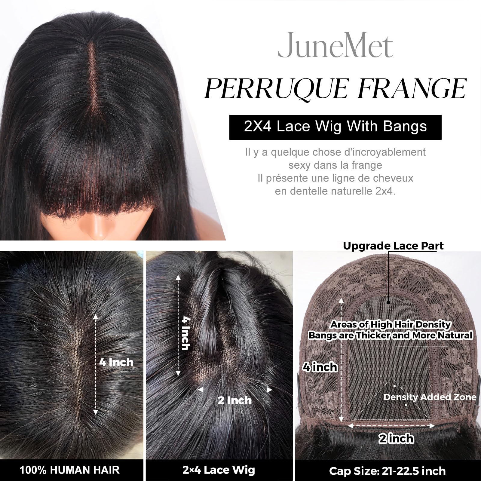 Perruque Cheveux Humain Frange 20 Pouces 2x4 Lace Glueless Body Wave Brésilien Naturelle