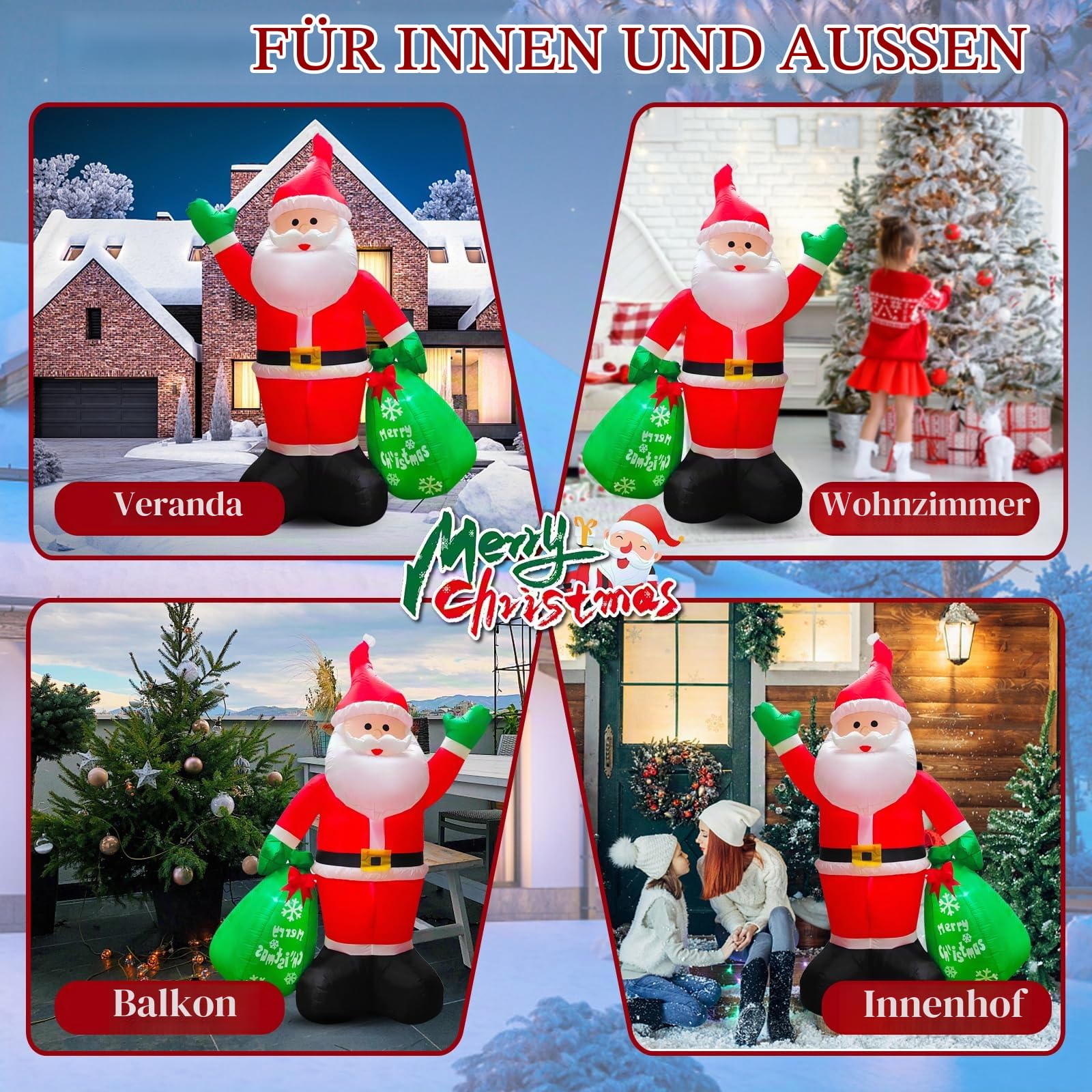 245cm Aufblasbar Weihnachtsmann mit LED Lichtern | 8 FT Aufblasbar Weihnachtsdeko IP44 Wasserdichter Christmas Santa Riesen Figur mit Geschenken Innen Außen Beleuchtung Deko für Garten Rasen Hof