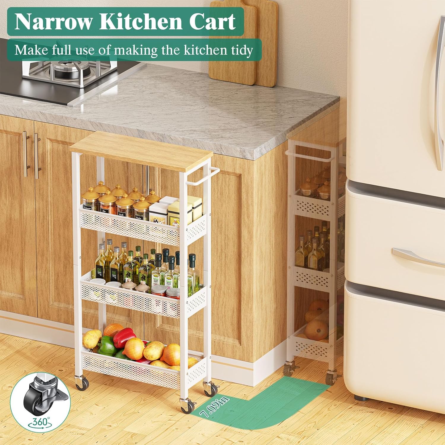 Giwil Slim Rolling Storage Cart 4 Tier Bathroom Organizer Mobile Shelving Unit Utility Cart with Wood Top and Handle for Kitchen Laundry Narrow Places, White