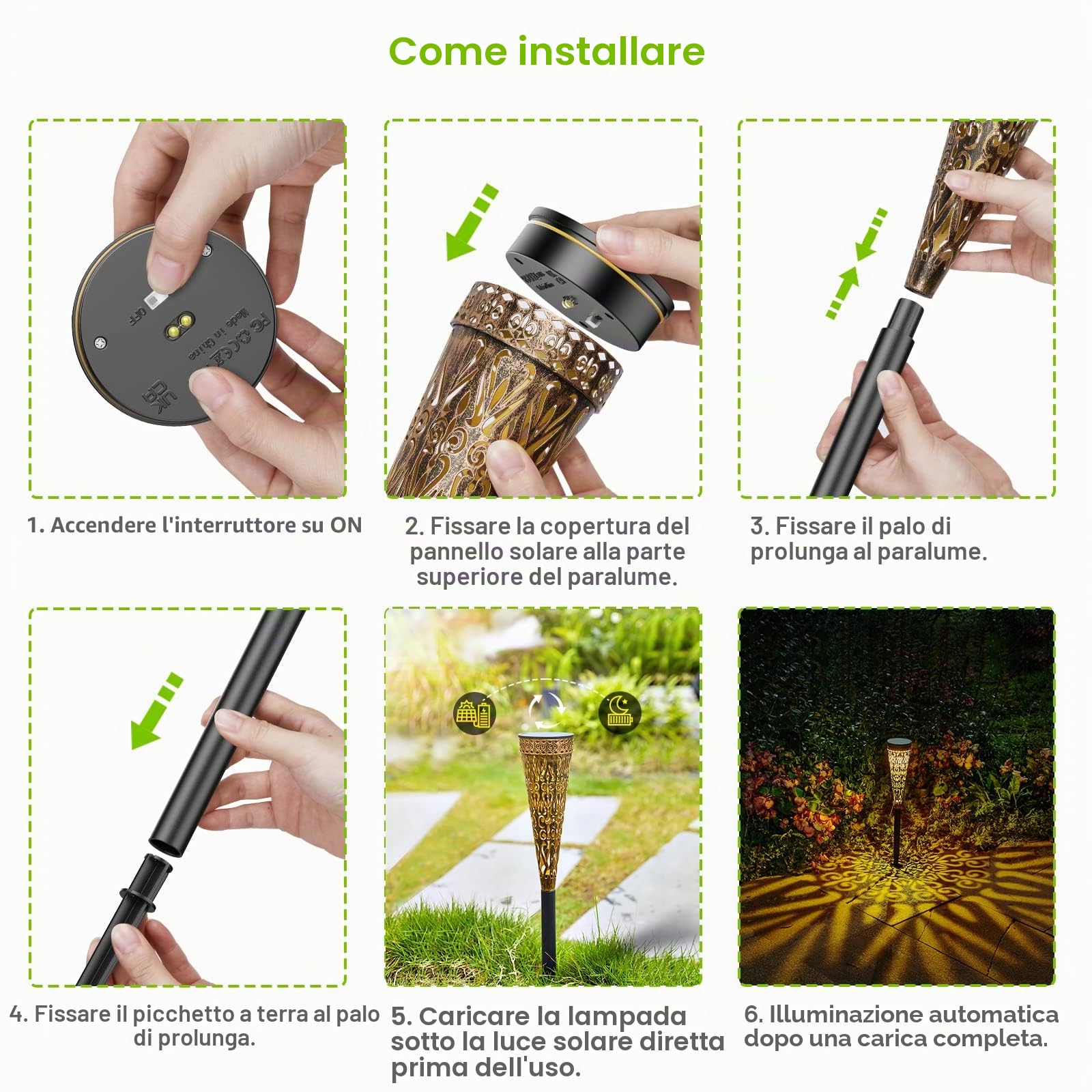 GEARLTIE - Lampade solari per esterni, 4 pezzi, 800 mAh, luci solari per esterni, con LED caldo/bianco, IP65, resistente alle intemperie, balcone, decorazione da giardino, in metallo, lanterne solari