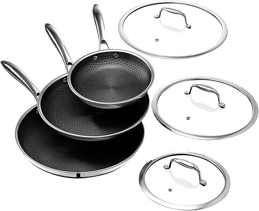 HexClad Hybrid Nonstick 6-Piece Fry Pan Set, 8, 10, and 12-Inch Frying Pans with Tempered Glass Lids, Stay-Cool Handles, Dishwasher-Friendly, Induction Ready, Compatible with All Cooktops