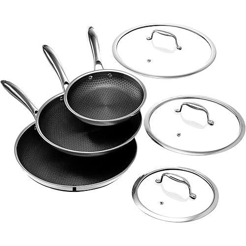 HexClad Hybrid Nonstick 6-Piece Frying Pan Set, 8, 10 and 12-Inch Frying Pans with Tempered Glass Lids, Stay-Cool Handles, Dishwasher and Oven Safe, Induction Ready, Compatible with All Cooktops