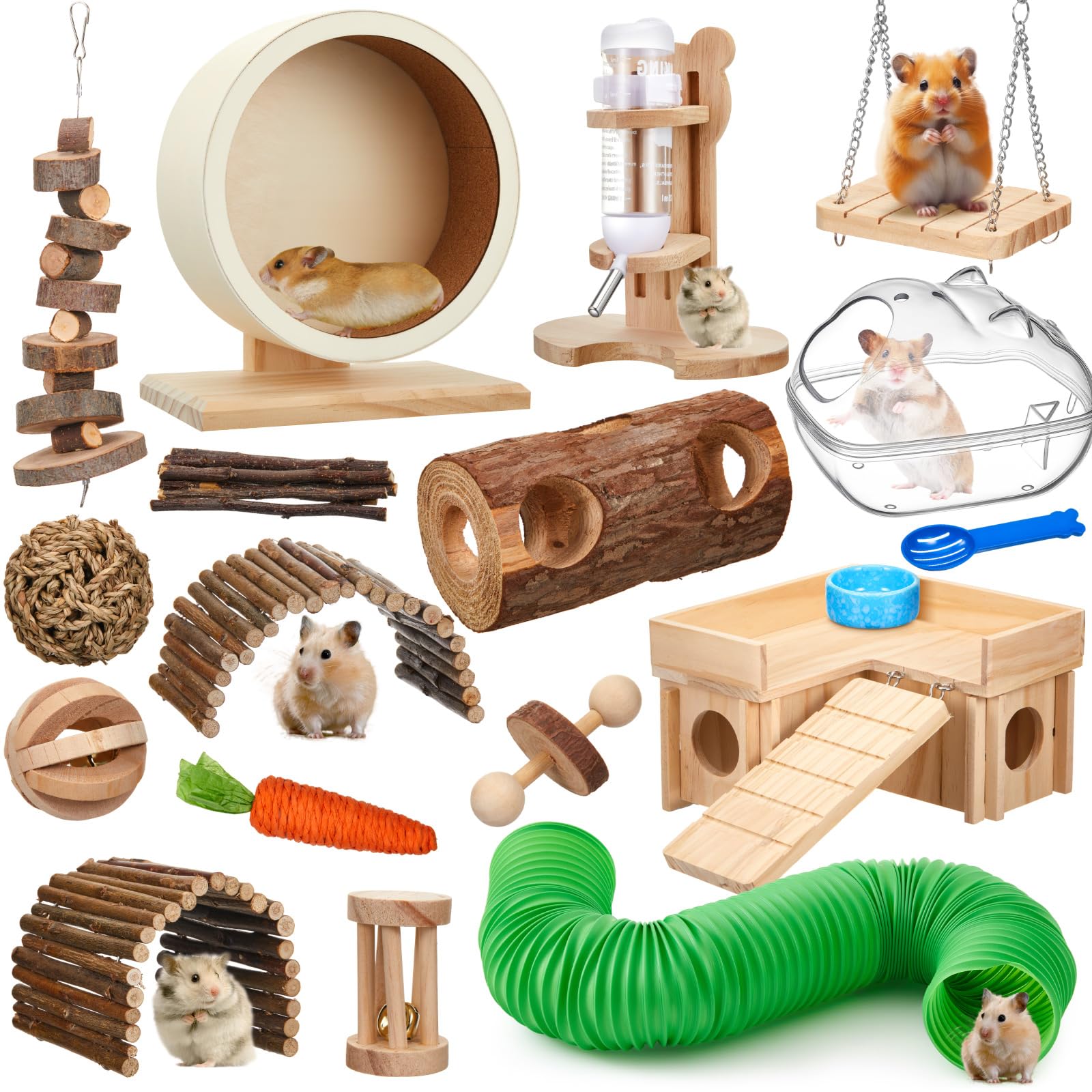 Lot de 19 jouets pour hamster, tronc d'arbre en bois, tunnel, tube silencieux, roues d'exercice, bouteille d'eau, bol de bain de sable, 10 types de jouets à mâcher pour hamster, habitat
