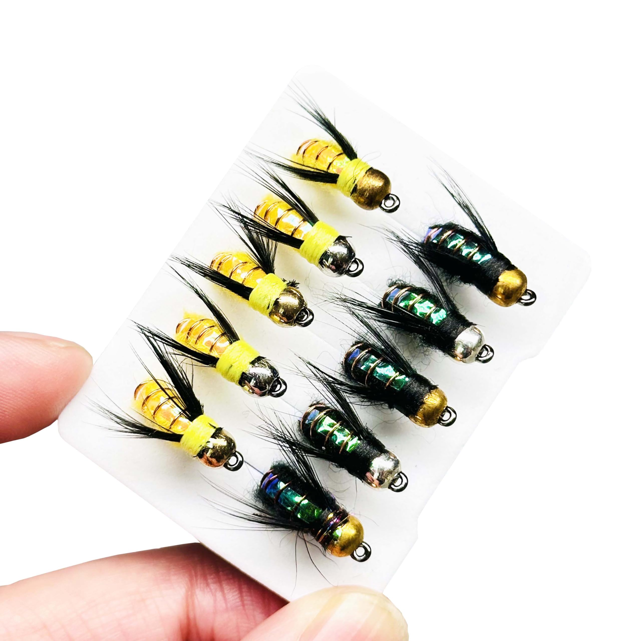 Qitewwrme 10Pc Fishing Lure #8 Bright Colors Brasshead Bionics Humpy Fly Nymph Wet Flies Insect Bait Pike Trout Salmon Bass Fly Fishing Flies (Yellow&Black)