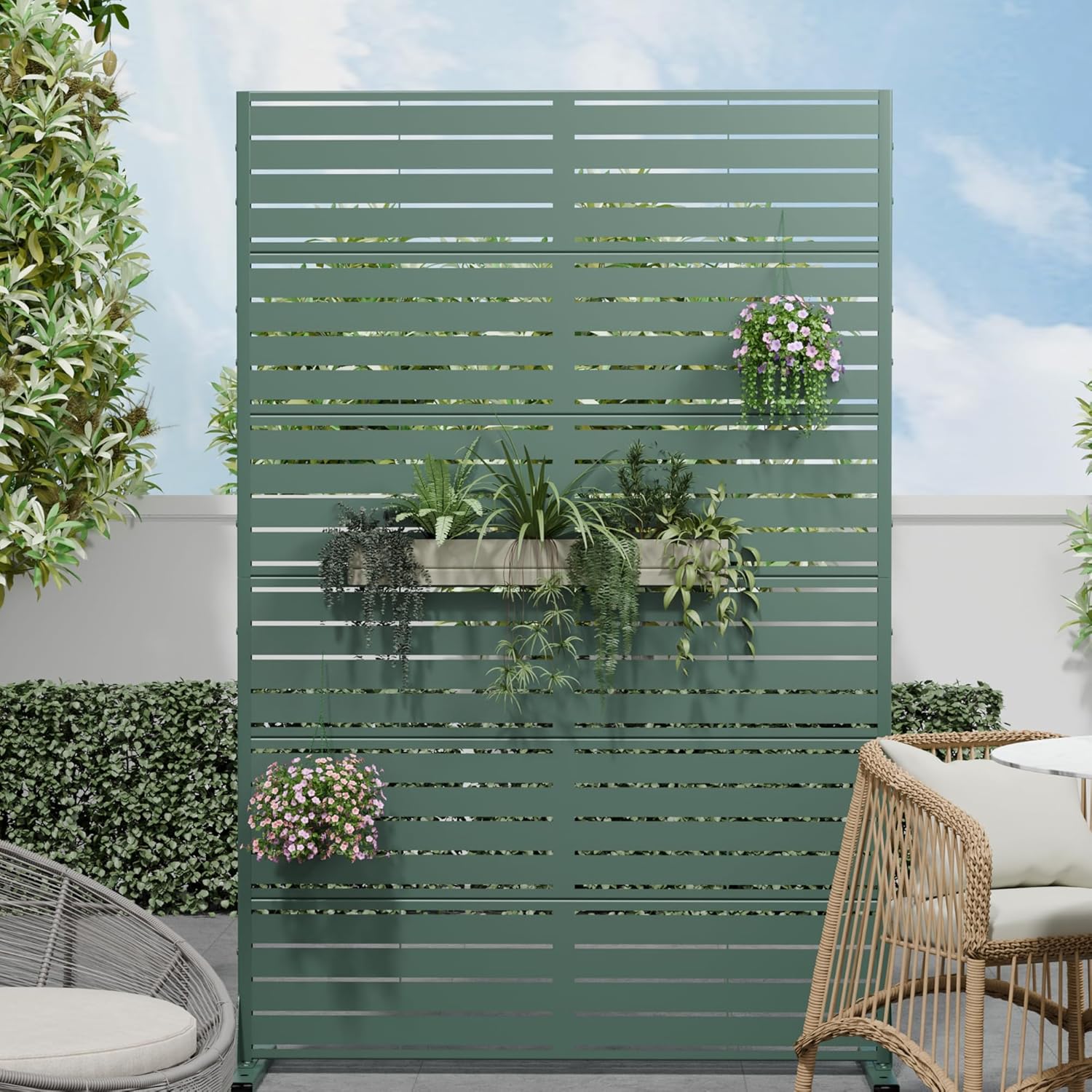 Casaphoria Metal Privacy Screen Outdoor, 72" H x 47" W Freestanding Decorative Privacy Screen for Patio Deck Balcony Garden with Stable Base, Green Louvered