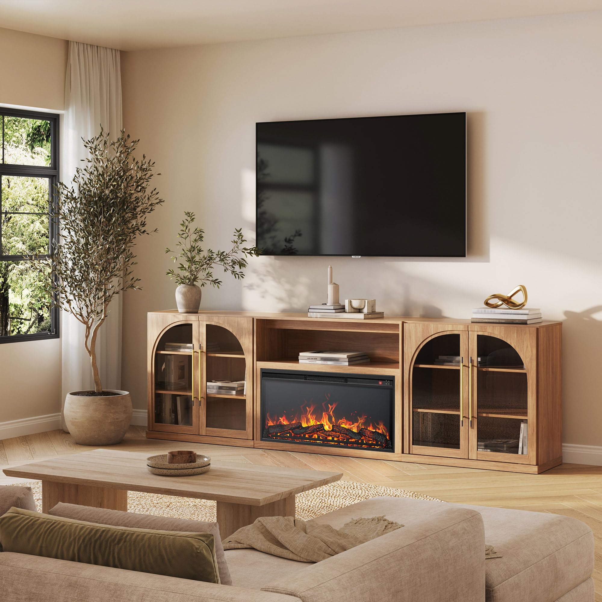 BELLEZE Jagger 105" TV Stand with 36" Electric Fireplace - Camel