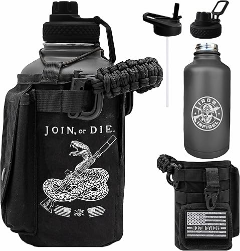Iron Infidel Battle Bottle - Botella de agua aislada de medio galón con mango de paracaídas, jarra de agua grande de acero inoxidable de 64 onzas