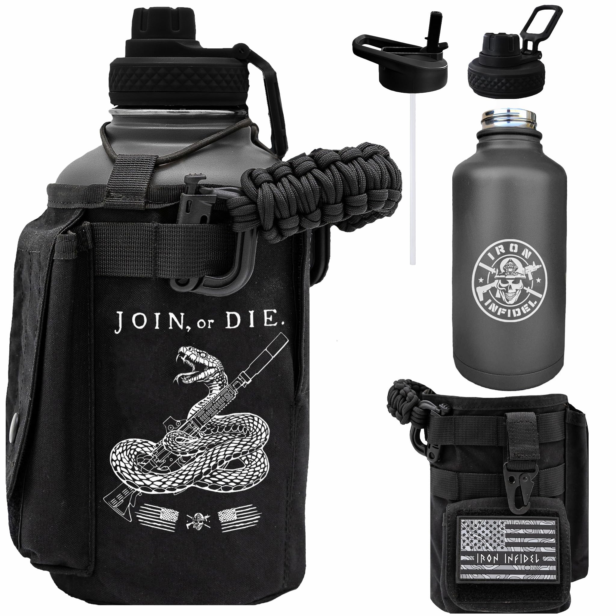 Iron Infidel Battle Bottle - Half Gallon Insulated Water Bottle with Paracord Handle, Large 64 oz Stainless Steel Water Jug with Rugged, Removable Sleeve for Keys, Wallet &amp; Phone (Join or Die 2 Liter)