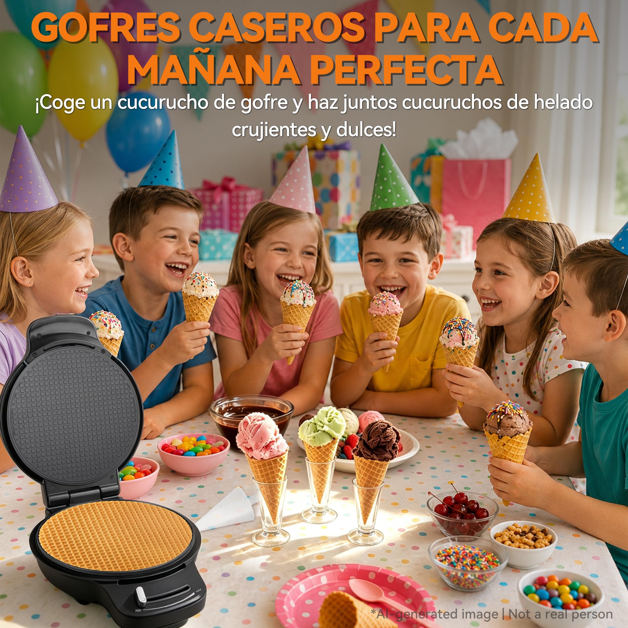 Baker's Friend Máquina Gofres Conos Helado, Control Tostado, Gofrera 7,5" Fina Antiadherente, Gofres Crujientes, Rodillo Conos, Color Grafito