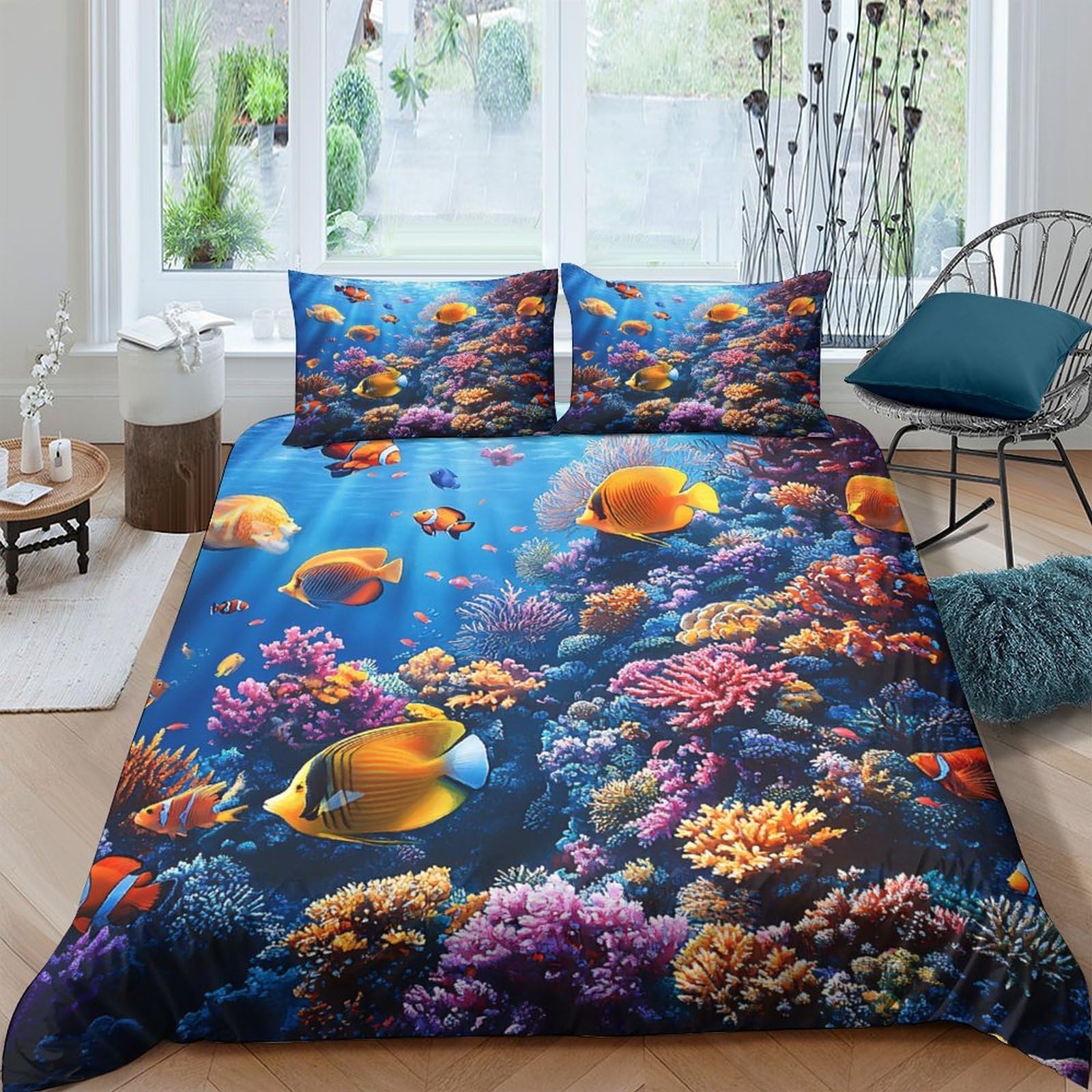TUFRTGYHN 3D Printed Underwater Coral Reef Duvet Cover Microfiber Soft Ocean Fish Bedding Set with 2 Pillowcases for Bedroom Decor Single（135x200cm）