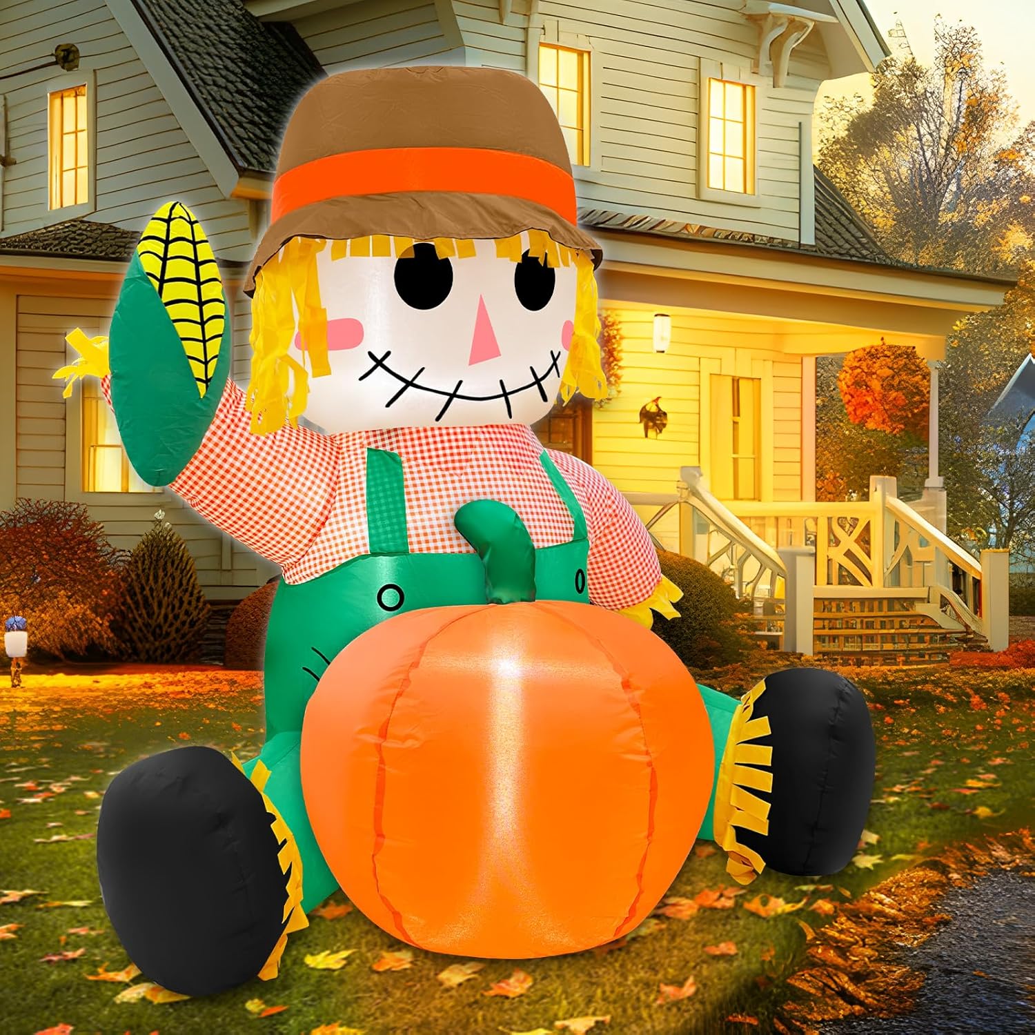 TURNMEON 4FT Fall Thanksgiving Inflatables Scarecrow Outdoor Decoration, Blow Up Fall Harvest Scarecrow Hold Corn Yard Decorations Built-in LED Fall Autumn Harvest Thanksgiving Decor Party Garden Lawn