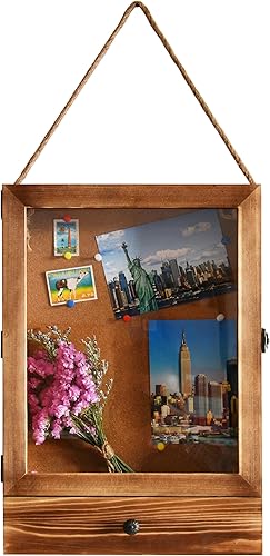 Owlgift Marco de caja de sombra de 11 x 16 pulgadas con cajón con parte trasera de corcho, madera marrón rústica con vidrio pulido para pared y