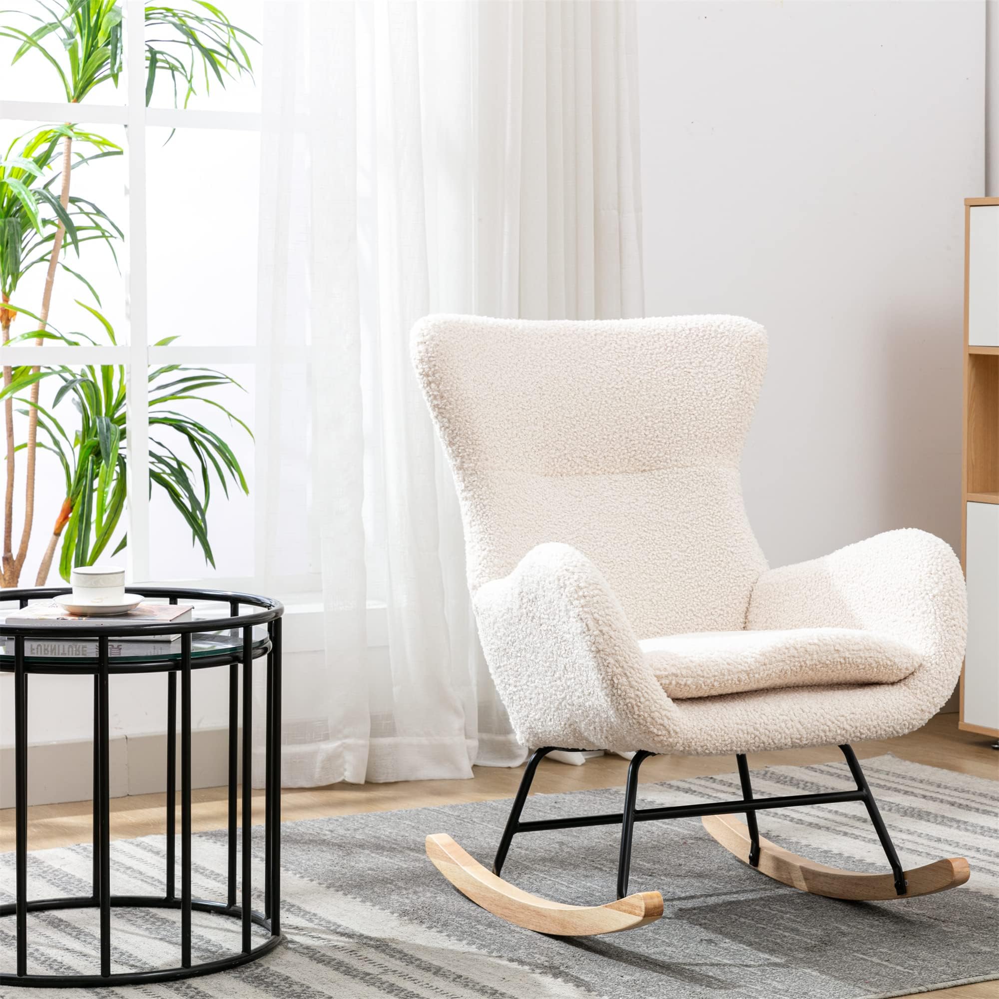 Ucloveria Rocking, Uplostered Small Rocker Armchair for Baby Nursery, Glider Chair for Living Room, Bedroom, Mohair, Teddy-Beige