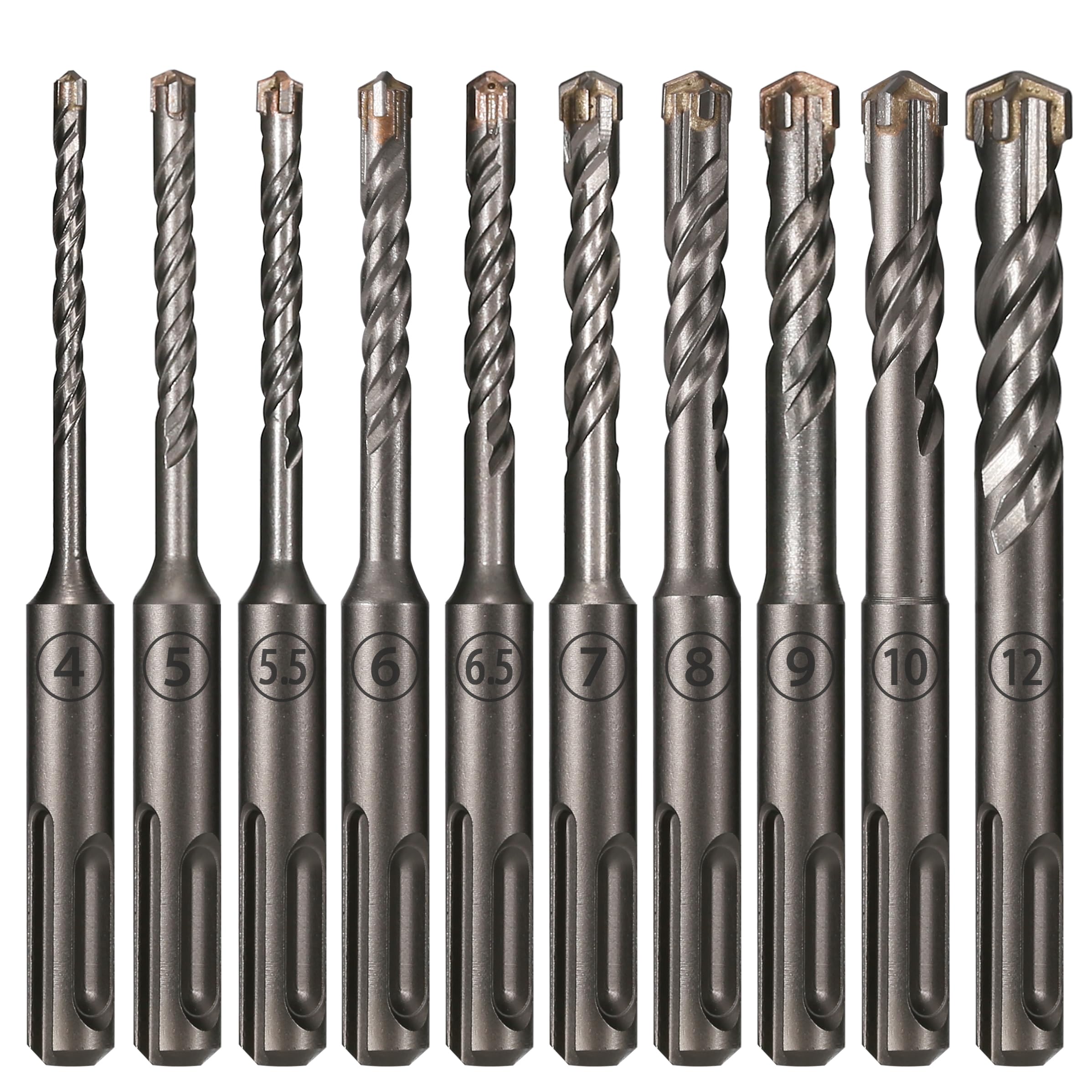 Vearter Ø4-12mm x 110mm SDS Plus Concrete Drill Bit 10PCS, YG8C Carbide Tipped Rotary Hammer Drill Bit, Masonry Drill Bit for Concrete, Brick, Stone, Cement, Masonry