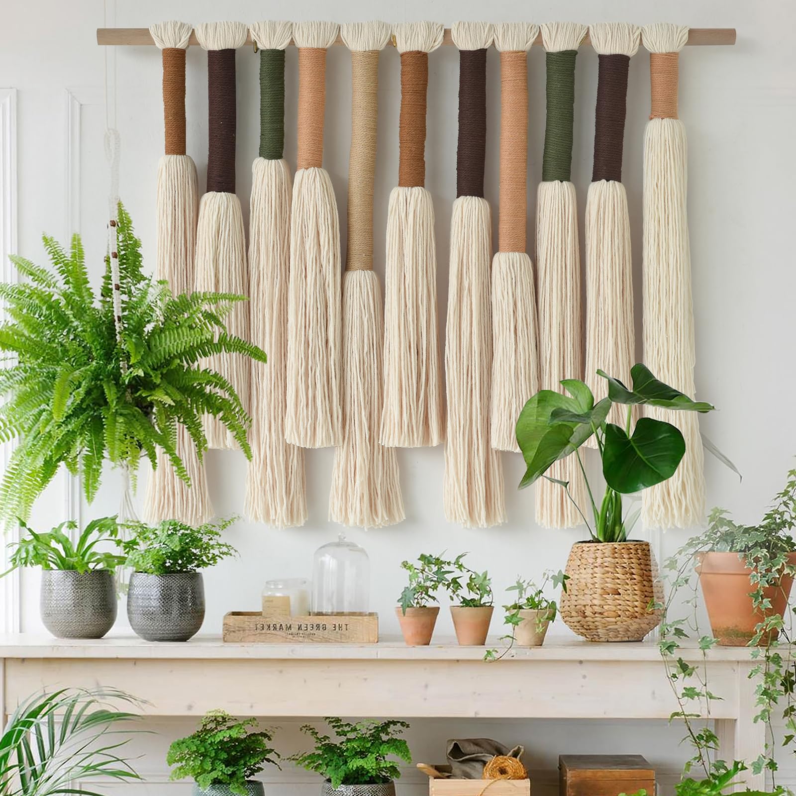 Jakalin Makramee-Wandbehang, Boho-Heimdekoration, handgefertigter Baumwollfaser-Kunst-Wandteppich mit neutralen elfenbeinfarbenen Quasten, moderne böhmische Wanddekoration für Wohnzimmer, Schlafzimmer
