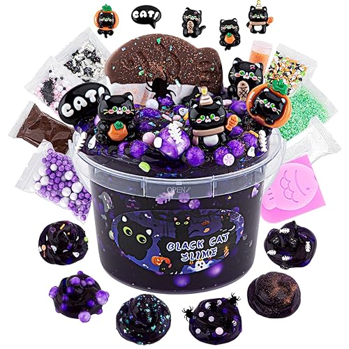 LAWOHO 300ml Black Cat Slime Kit with Clay, Purple Clear Slime Bucket for Girls & Boys with 9 Packs Cat Add-Ins for Kids Slime Toys, Non Stick Slime Making Kit for Birthday Halloween Christmas Easter - Black Cat