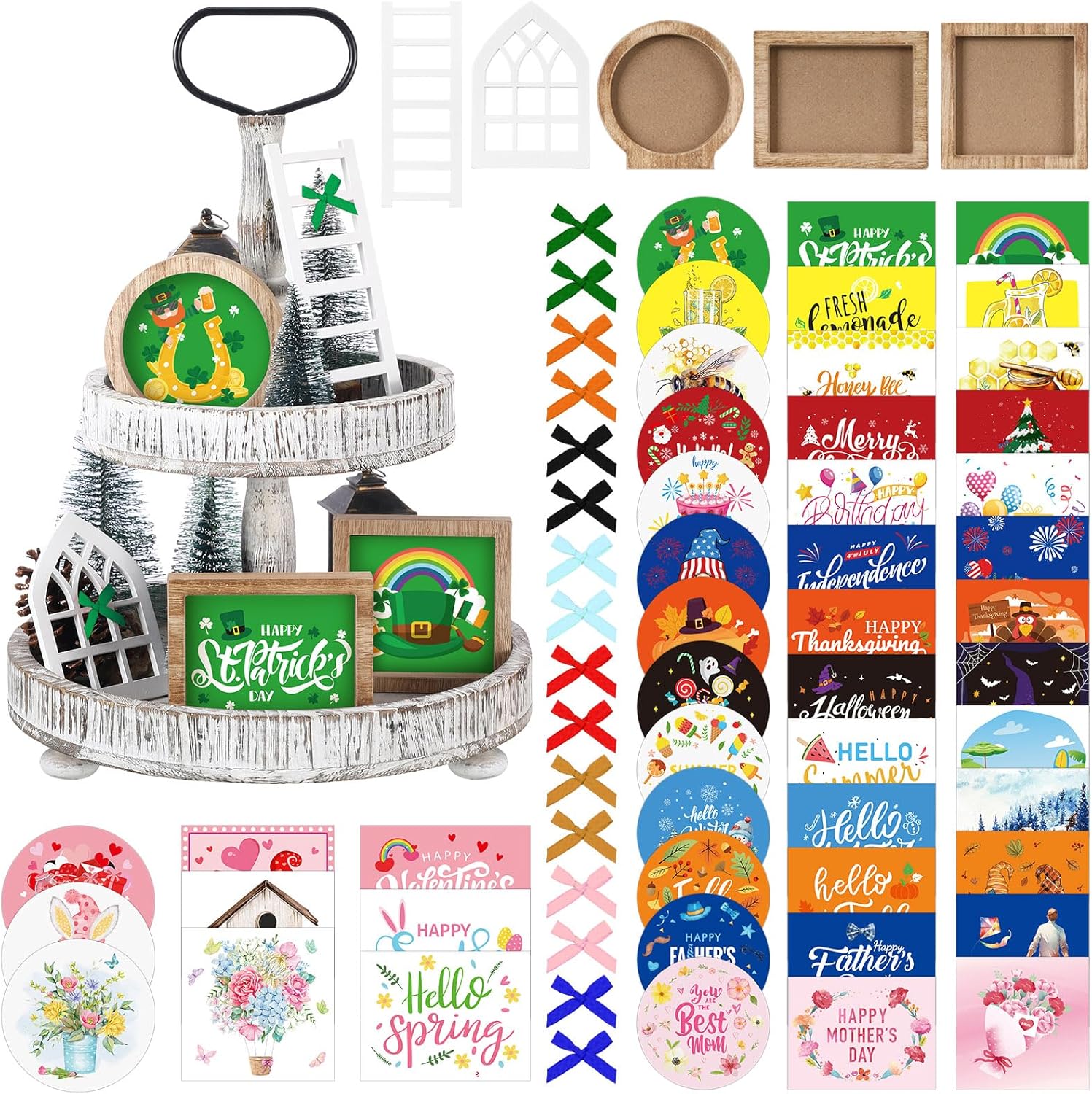 Bencailor 48 Pcs Farmhouse Tiered Tray Decor Set - Interchangeable Seasonal Signs, Wood Frames, Bows, Ladder for Easter Spring Holidays (Vintage Festive)