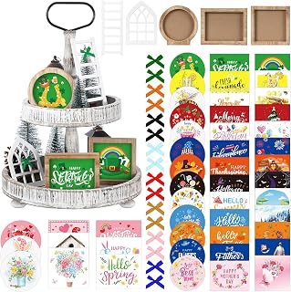 Bencailor 48 Pcs Farmhouse Tiered Tray Decor Set - Interchangeable Seasonal Signs, Wood Frames, Bows, Ladder for Easter Spring Holidays (Vintage Festive)