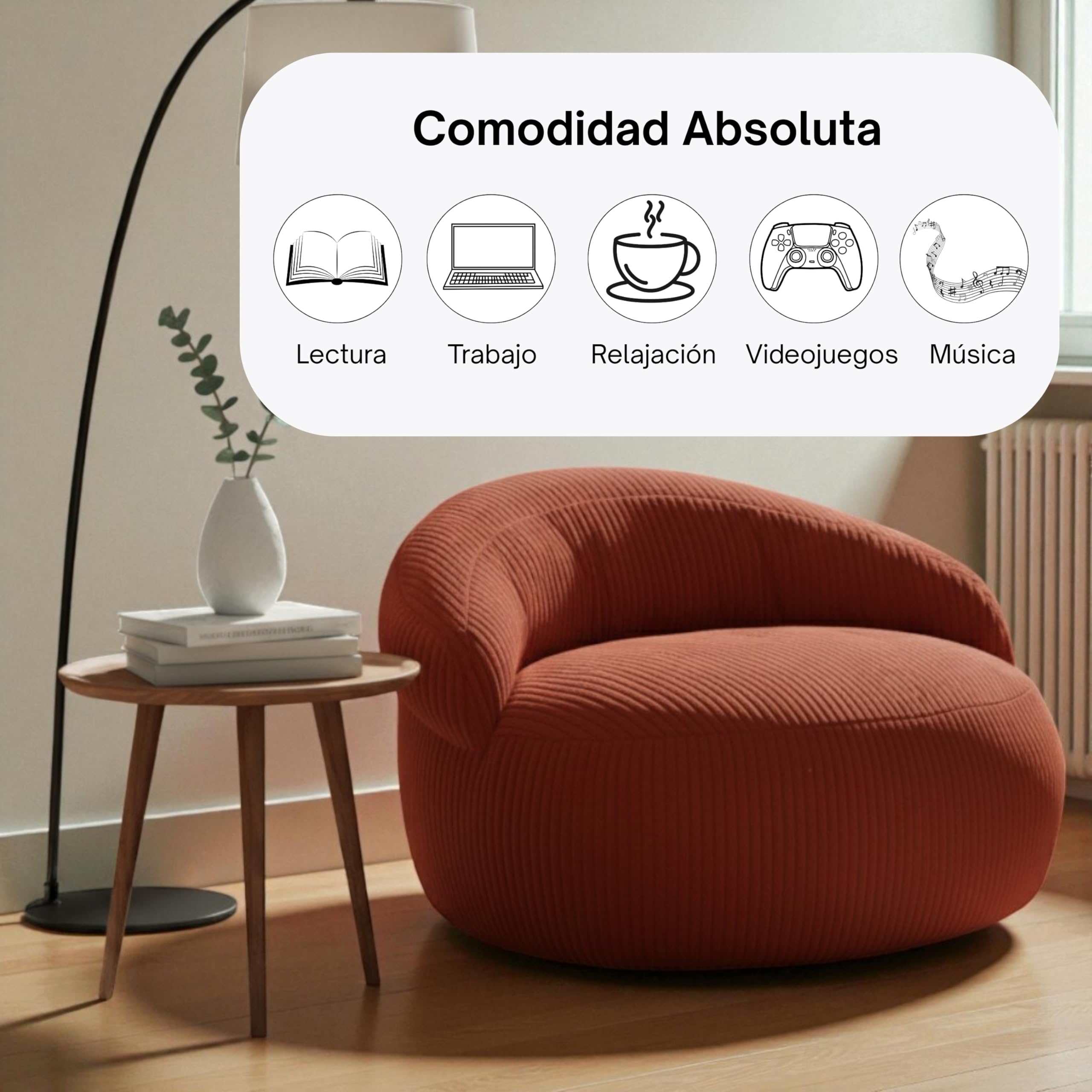 bananair – Puff Salón y Dormitorio en Pana - Puff Sillón XXL Suave y Elegante - Funda Lavable a Máquina - Ideal para Salón y Dormitorio, Adultos y Adolescentes (110 × 100 cm, Rojo Ladrillo)