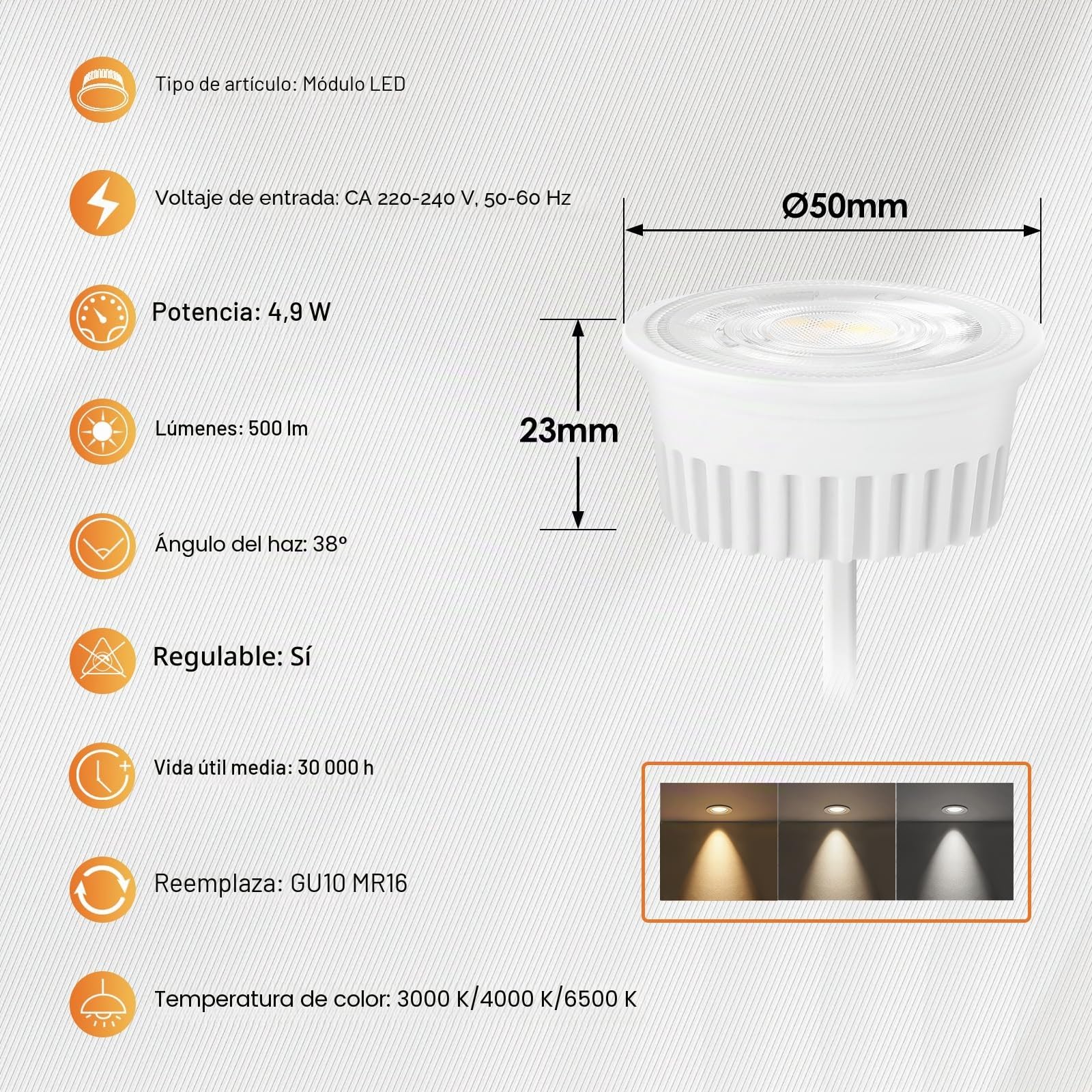 KYOTECH 10x Módulo LED Regulable 4.9W 3CCT Blanco cálido 3000K Blanco natural 4000K Blanco frío 6500K 38°para focos empotrables ø50x23mm Reemplaza la Bombilla GU10 MR16 para Foco Empotrable
