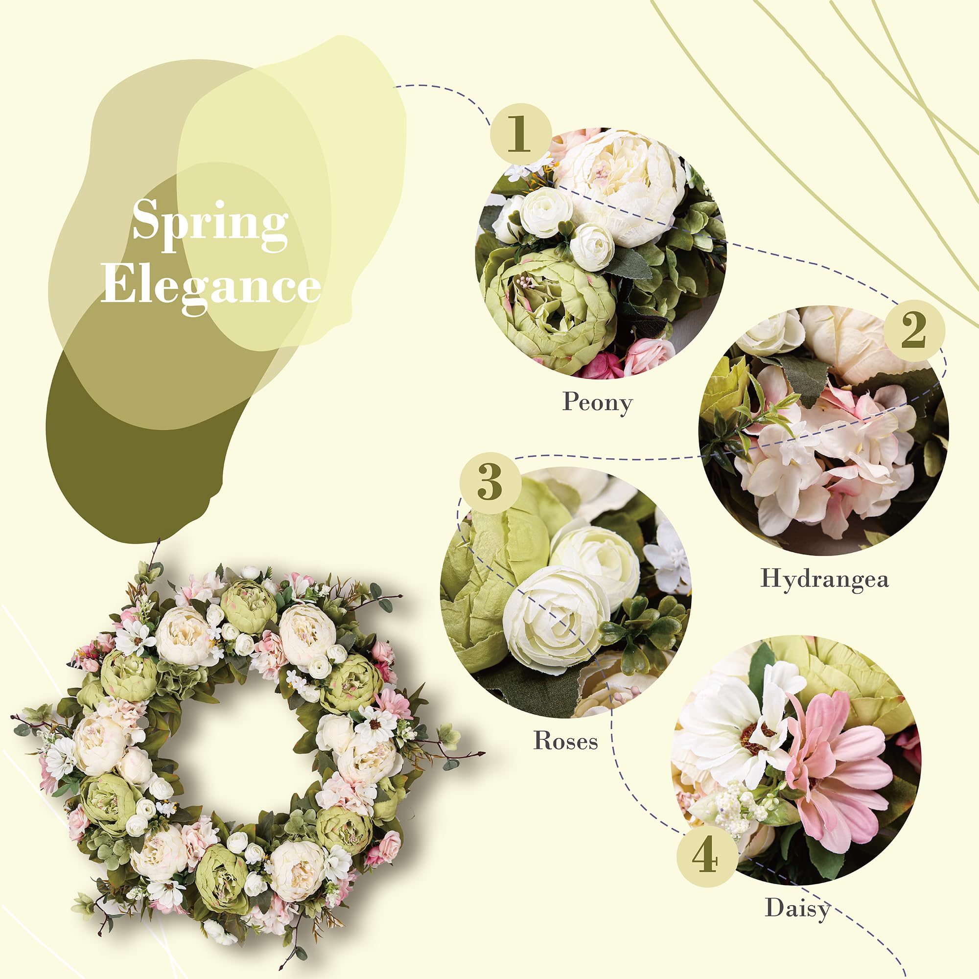 Ghirlanda di peonie da 58,4 cm, ghirlanda floreale artificiale per porta d'ingresso, decorazione da parete, decorazione per la casa, festival, celebrazioni, feste di nozze, nuovi proprietari,