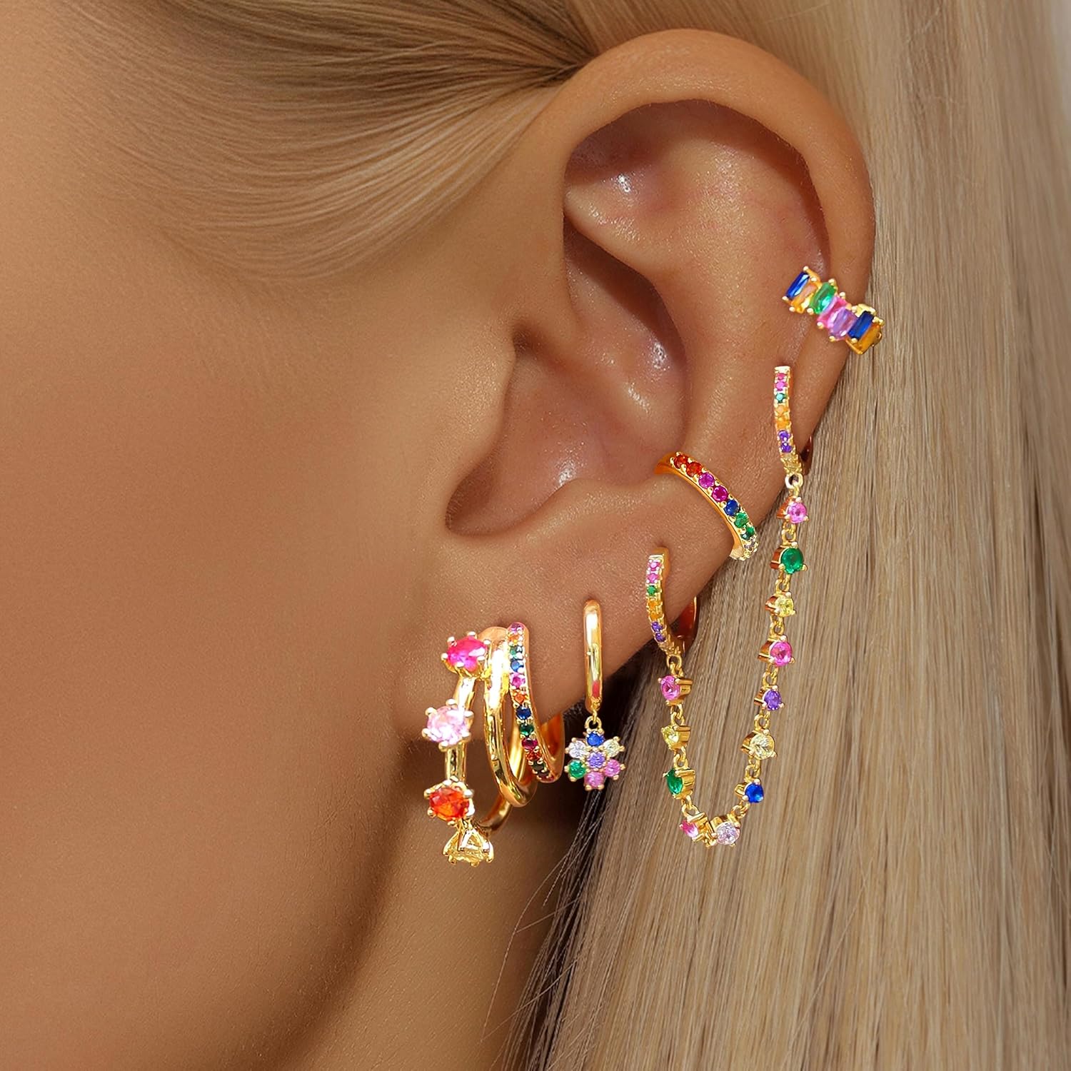 Lovely Colorful Stud Earrings Set for Women Hypoallergenic Silver Gold Multicolor Zircon Chain Hoop Earrings 14K Gold Plated Cubic Zirconia Dainty Lightweight Cuffs Earrings for Women Flowers Dangle Earrings Set for Women Fashion Jewelry Earrings for Gifts - Image 4