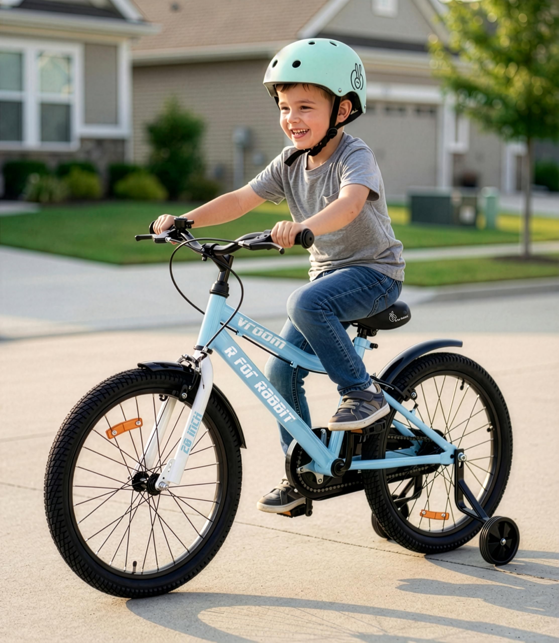 R for Rabbit Vroom Bicycle for Kids Cycle 20T Inches for 7 to 10 Years Boys & Girls with Training Wheels | 90% Installed | Upto 50 Kgs Weight Capacity (Lake Blue)