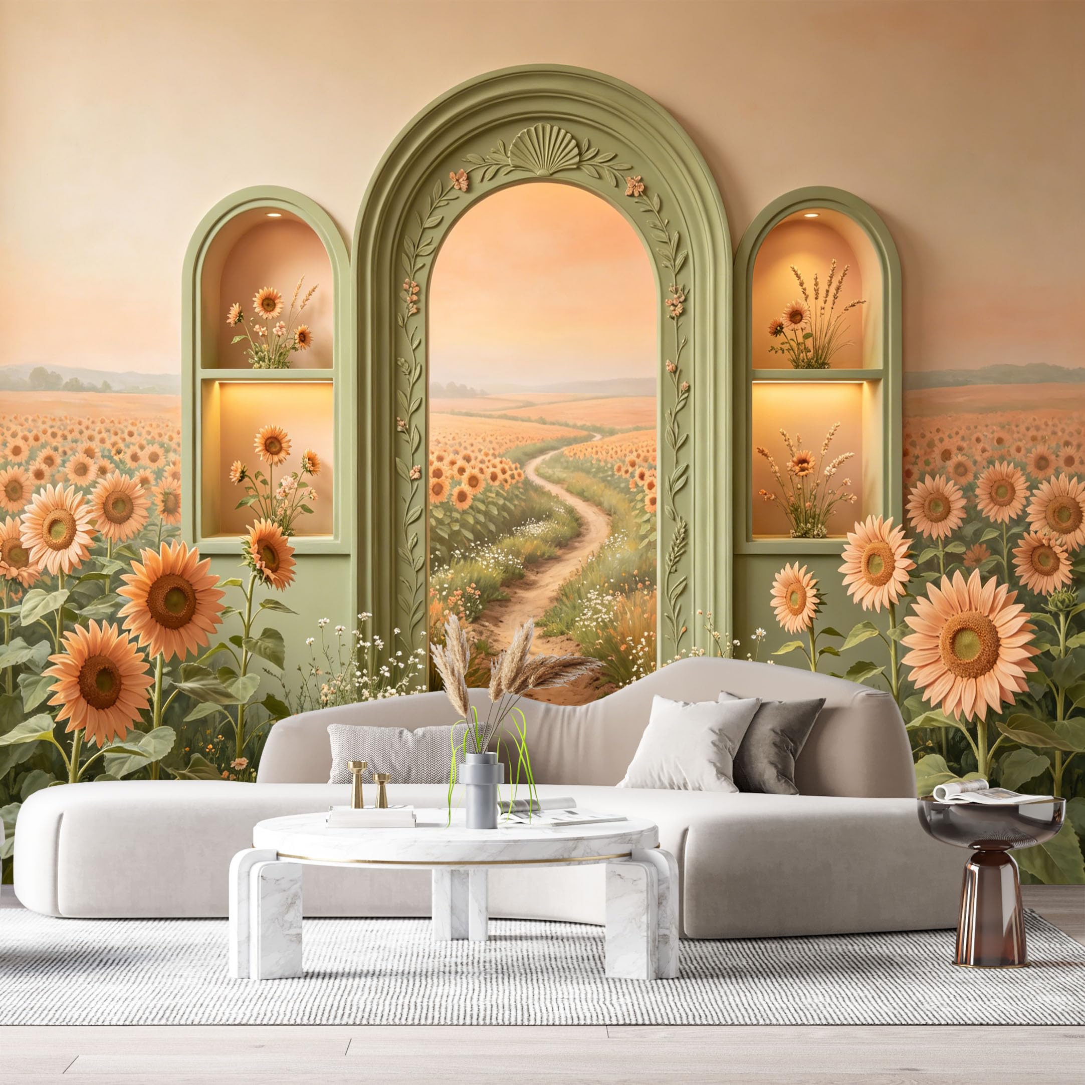 Custom Size Wall Murals Botanical Farmhouse Sunflowers Daisies Archway 3D Trompe L'Oeil SelfAdhesiveWall Fabric Removable Wallpaper Wall Decor for Living Room Bedroom Bathroom