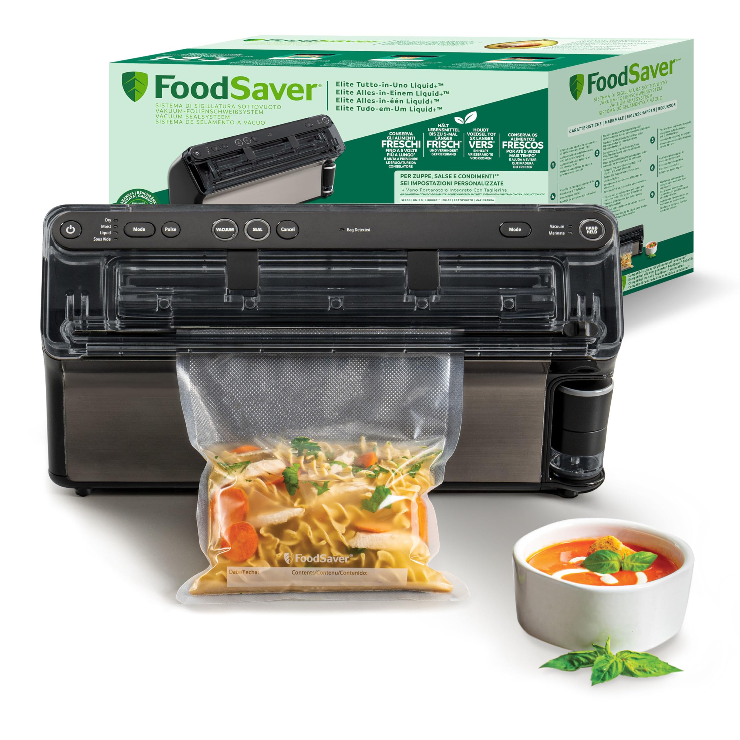 FoodSaver Envasadora al vacío Elite All-in-One Liquid+ | Alimentos hasta 5 veces más frescos* | Sellado de líquidos | Con 1 rollo (28 cm x 2,43 m) y 4 bolsas para envasar al vacío (0,94 L y 3,78 L)