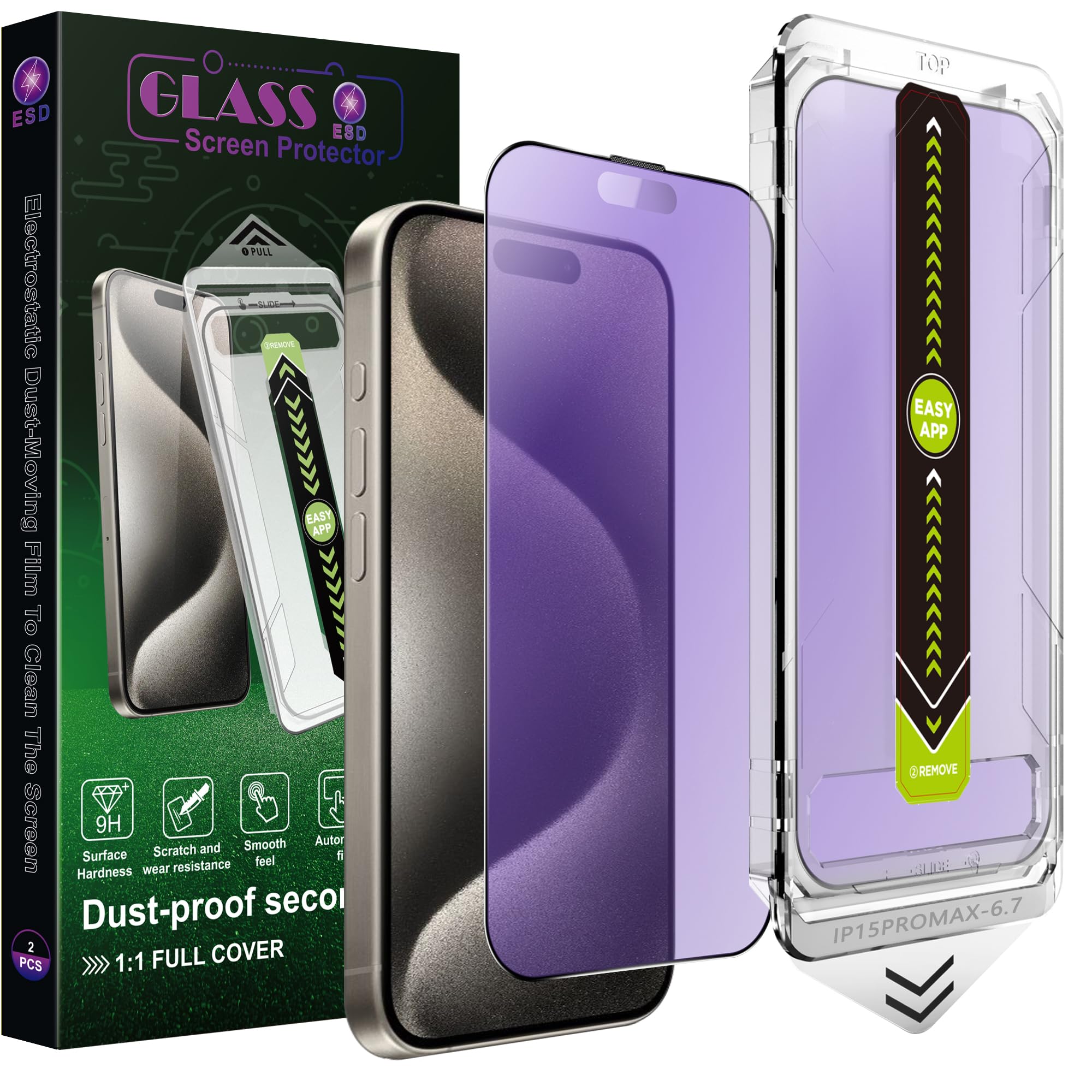 Protector de Pantalla Mate Anti Luz Azul para iPhone 15 Pro Max (6.7"),2 Unidades,Anti-Reflejos,Cristal Templado 9H,Cobertura Total,Anti-Huellas,Auto Eliminación de Polvo,Sin Burbujas