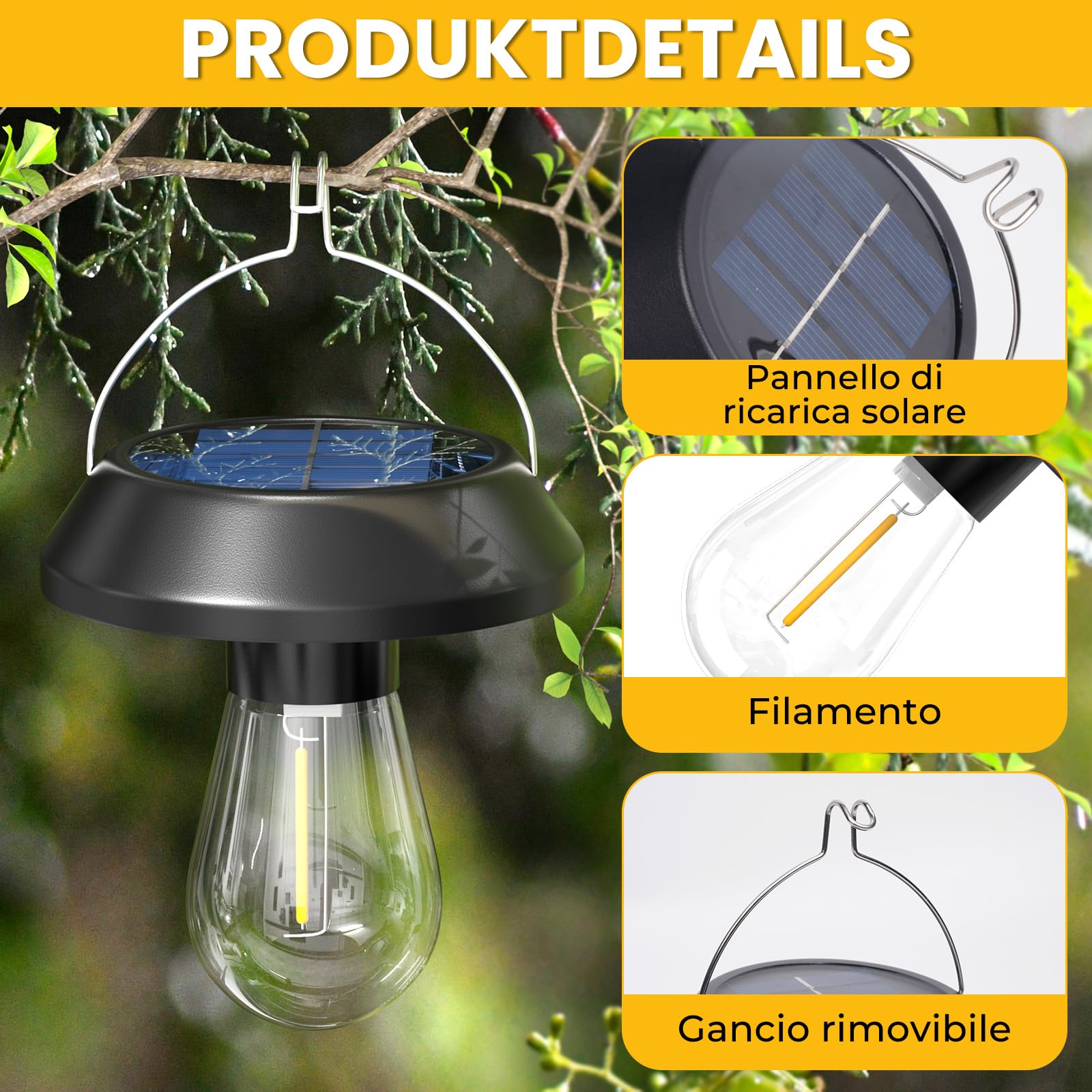 Lampada da Campeggio LED Solare, Lanterna Solare per Tenda, Luce Solare Esterno IP44 con Gancio, Lampada Tenda per Campeggio, Trekking e Illuminazione di Emergenza, 2 Pezzi