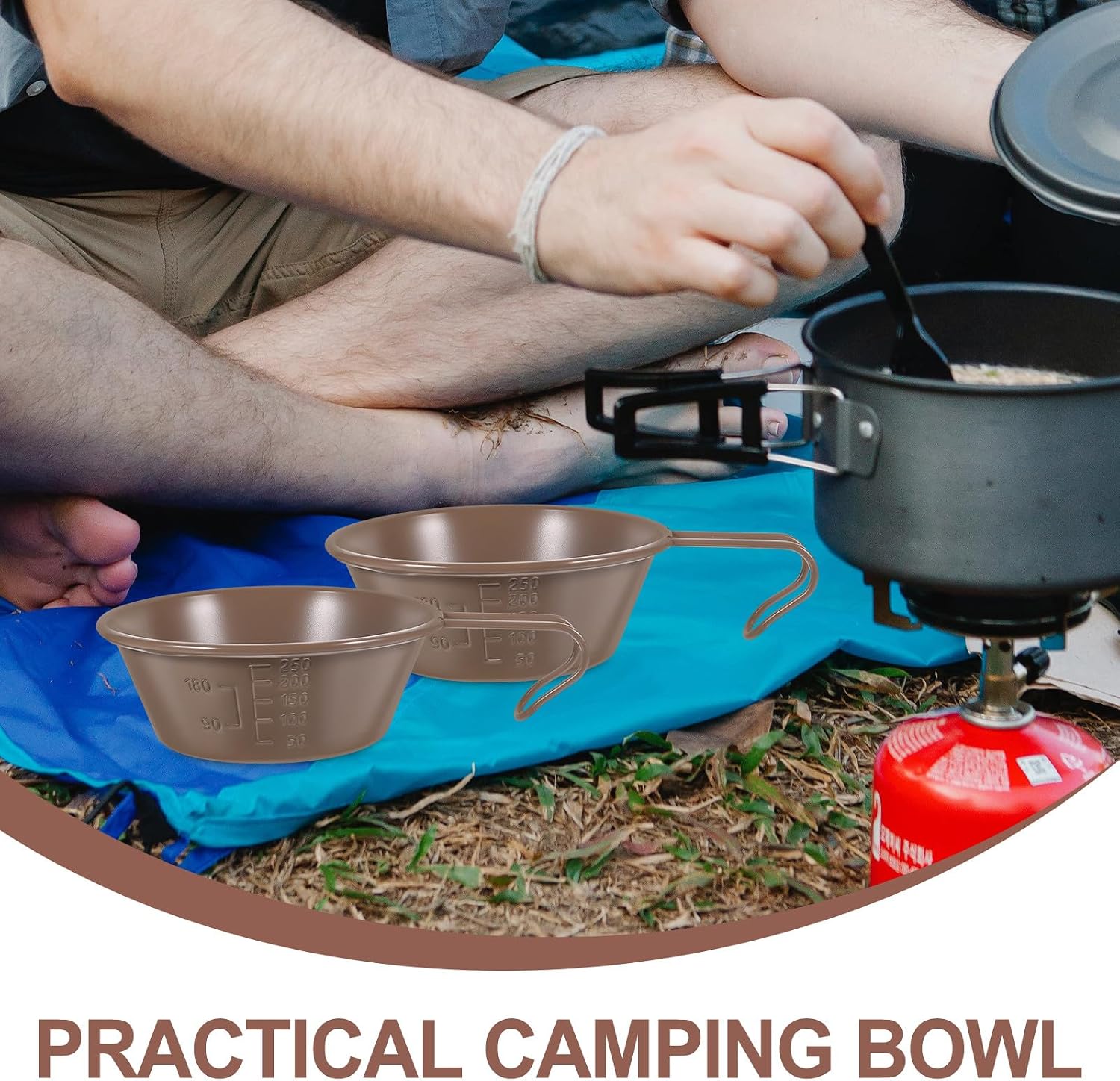 Outdoor 304 Stainless Steel Soup Cup with Handle, Portable Camping Cooking Bowl with Measurement Scale, Khaki Hiking and Fishing Travel Bowl for Outdoor Recreation